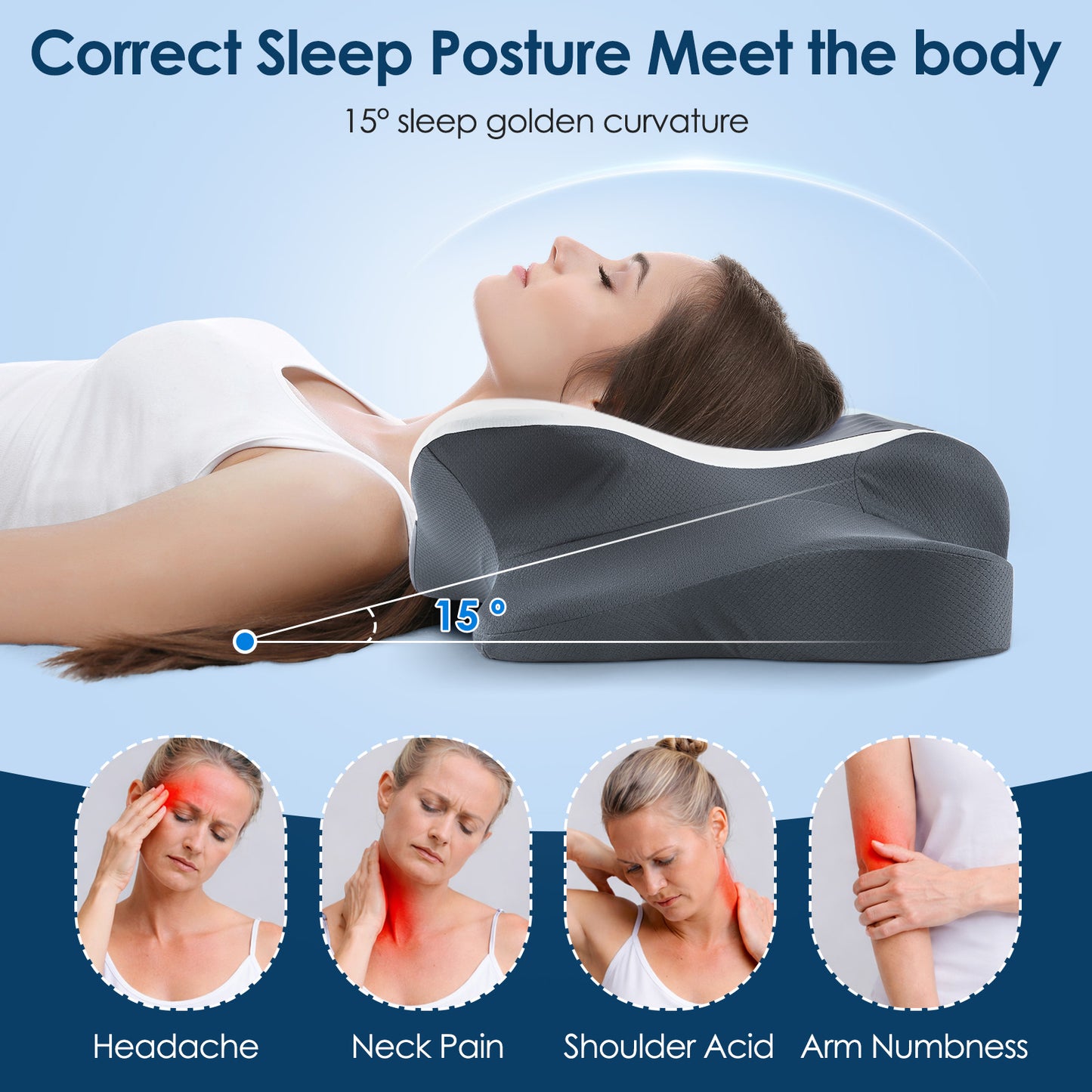 DONAMA Cervical Neck Pillow for Pain Relief Sleeping, Memory Foam Pillow Neck Pillow Bed Pillow with Pillowcase for Side Back and Stomach Sleepers, Gray and White