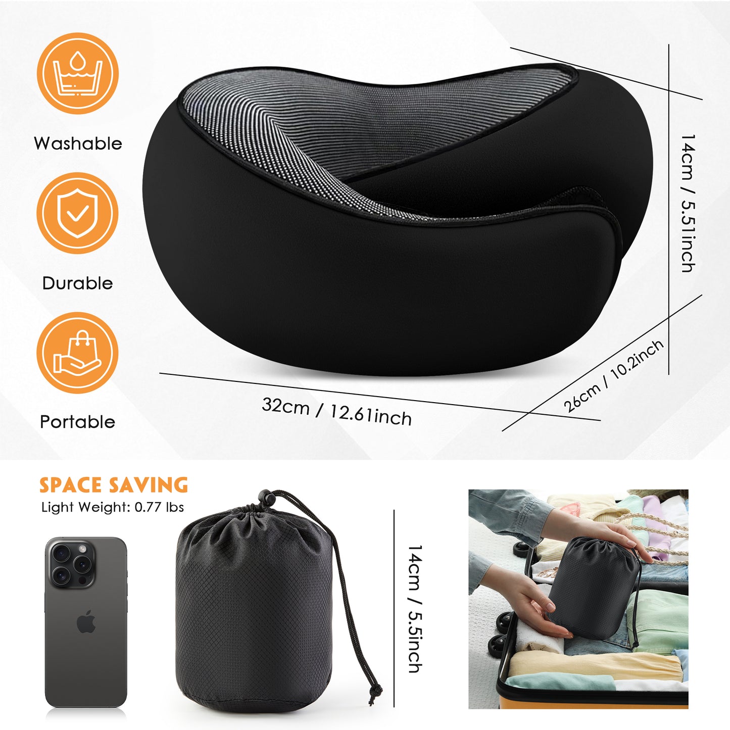 MOONORAH Travel Pillows for Airplanes, Travel Neck Pillow Travel Pillow, 360° Support Memory Foam Travel Pillow with 3D Contoured Eye Mask, Earplugs and Storage Bag for Airplanes Offices, Cars, Black