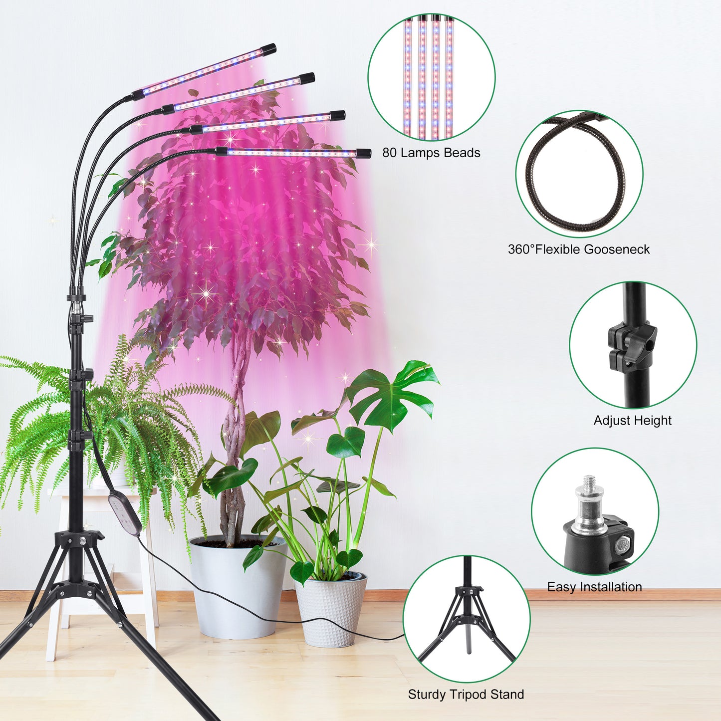 LOFTER-PRO Grow Lights for Indoor Plants, 4 Head LED Grow Light with Full Spectrum, 9 Dimmable Level and Auto On Off Timer, Tripod Stand Plant Lamp Height Adjustable (63 Inch)