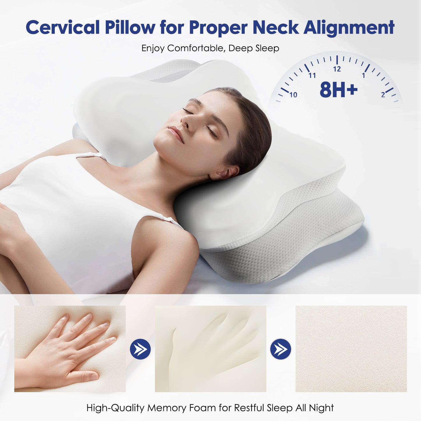 MOONORAH Cervical Neck Pillow, Memory Foam Bed Pillows with Ergonomic Contour Design for Neck Support and Pain Relief, Comfortable Sleeping Pillow for Side, Back and Stomach Sleepers,Gray & White