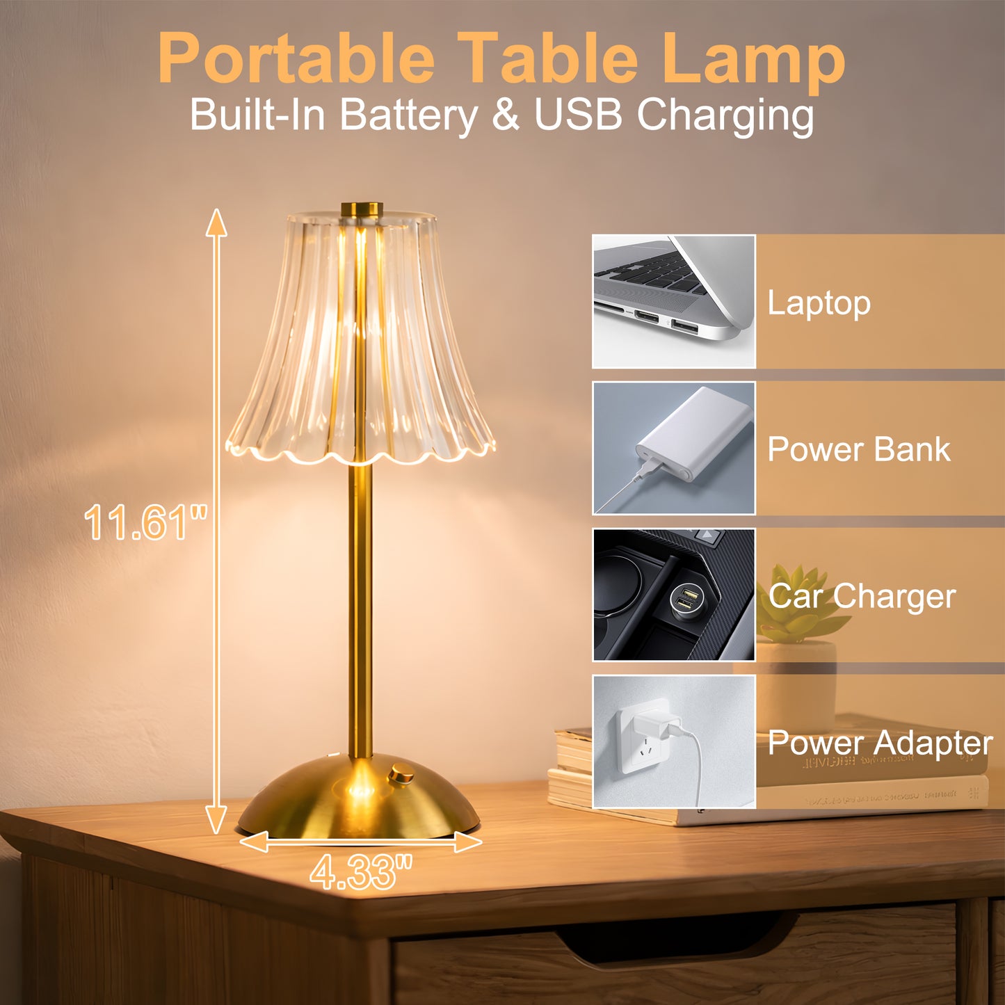 LOFTER-PRO Bedside Table Lamp, Cordless Dimmable LED Crystal Touch Lamp, Battery Operated Nightstand Light for Bedroom, Living Room, Hotel, Bar