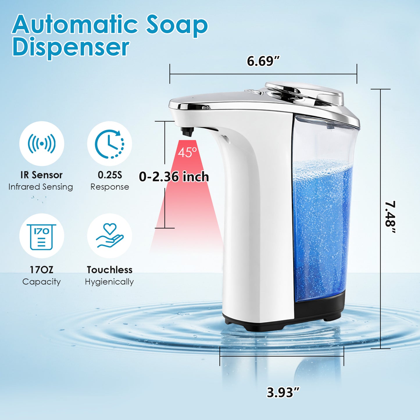 WANALIT Automatic Soap Dispenser Touchless, 17oz/500ml Dish Soap Dispenser with Infrared Sensor, 5 Adjustable Foam Levels, for Kitchen Bathroom Sink Countertop, Silver-White