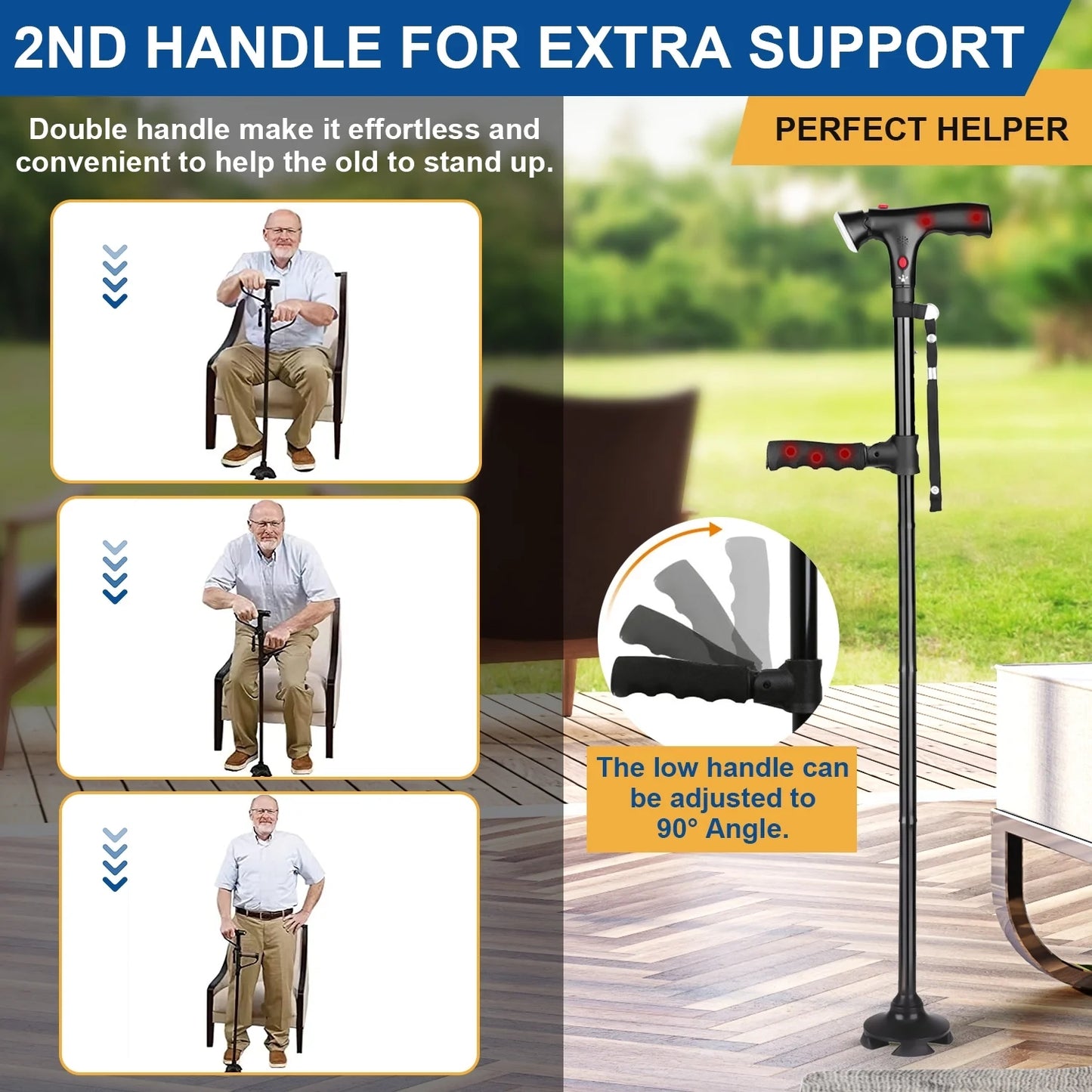 MOONORAH Walking Cane, Folding Walking Cane with LED Light for Men & Women, Adjustable Walking Stick Cane for Seniors with Second Handle for Standing, Siren, 360 Pivoting 4-Pronged Base, Black