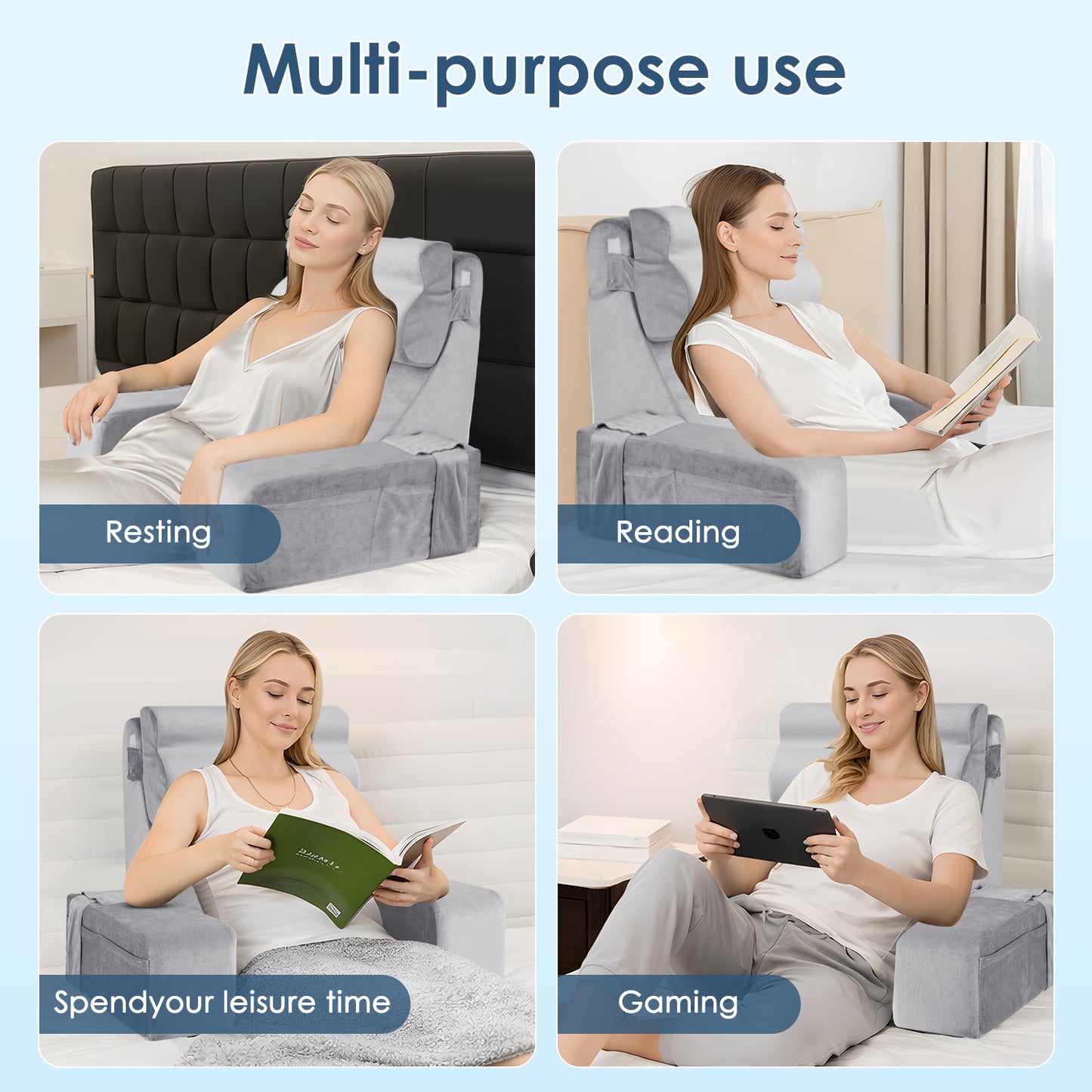 MOONORAH Reading Pillow for Sitting in Bed Adult,Backrest Pillow with Arms,Bed Chair Pillow with Big Pockets for Reading/Gaming/Resting/Watching TV,Medium 19" Grey