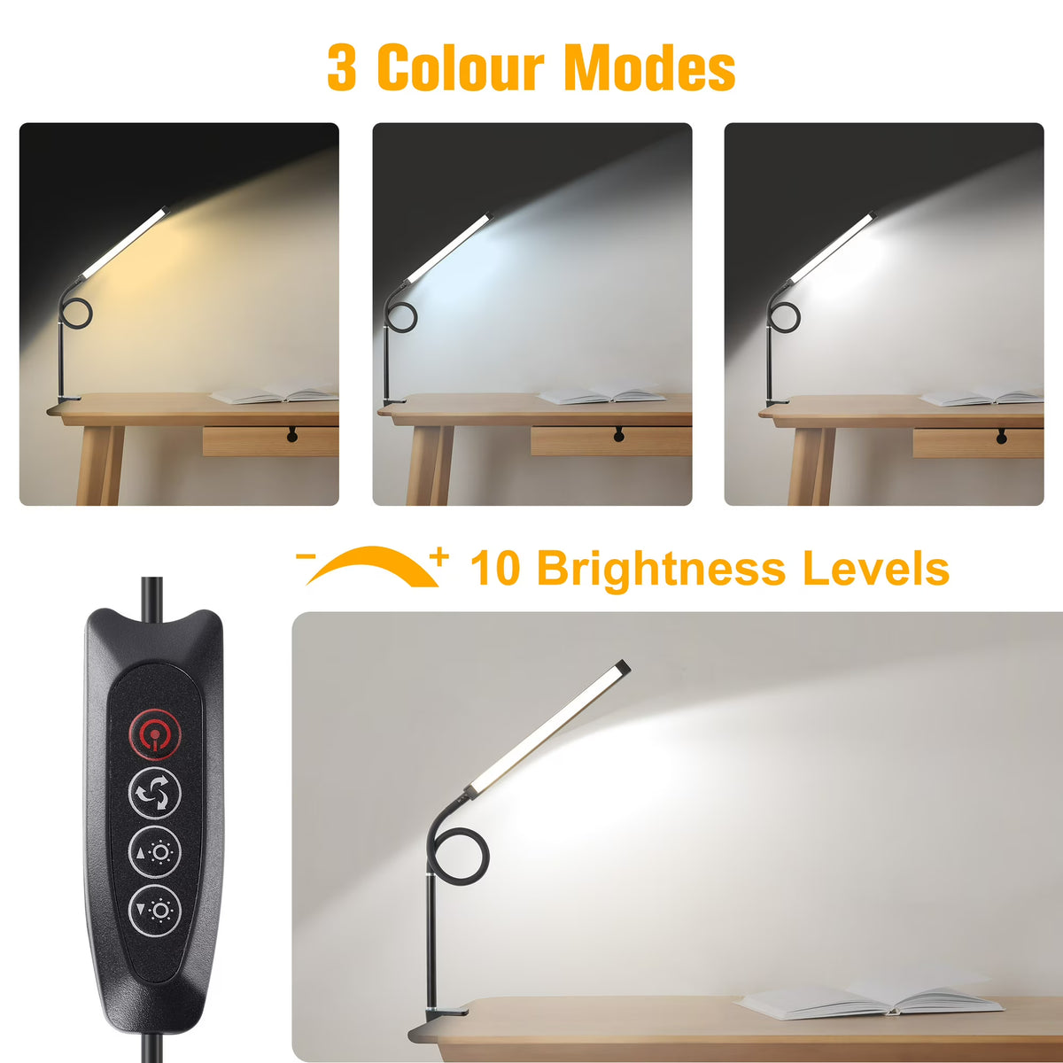 Onekawa LED Clip-On Desk Lamp - Adjustable Gooseneck, Touch Sensor - Black