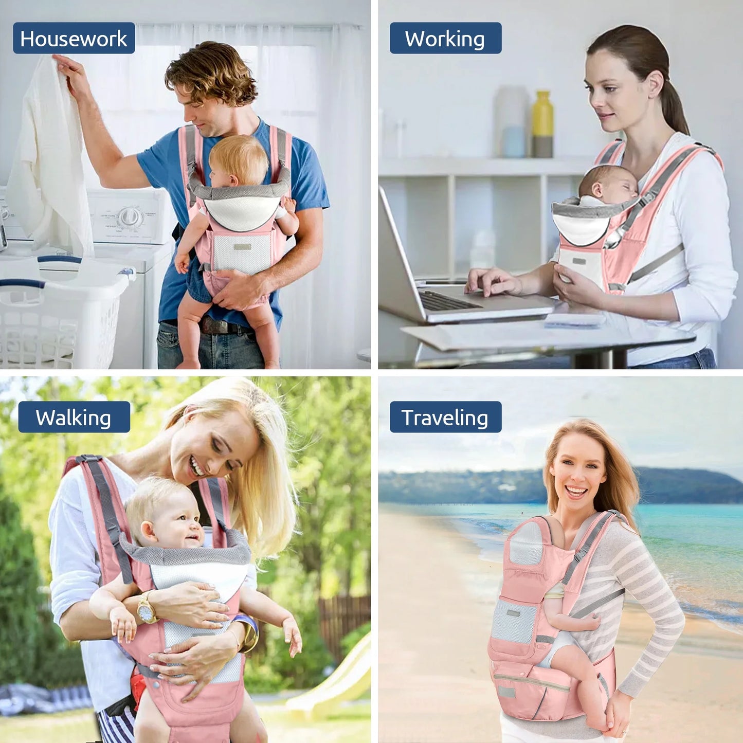 MOONORAH Baby Carrier with Hip Seat, Ergonomic M Position 6 in 1 Baby Wraps Carrier Adjustable Holder Newborn to Toddler with Head Support and Breathable Mesh Pink