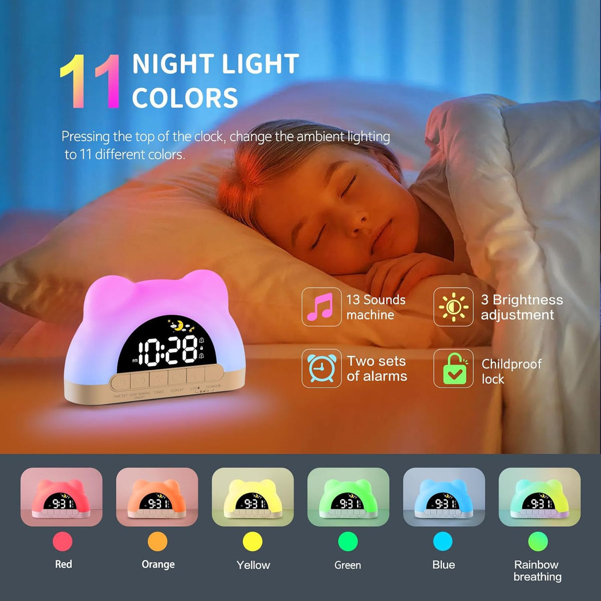 Onekawa Cute Alarm Clock for Kids Digital Alarm Clock for Girls Sleep Training Alarm Clock with 3 Brightness Levels 10 Melodies, Perfect Bedroom Alarm Clock