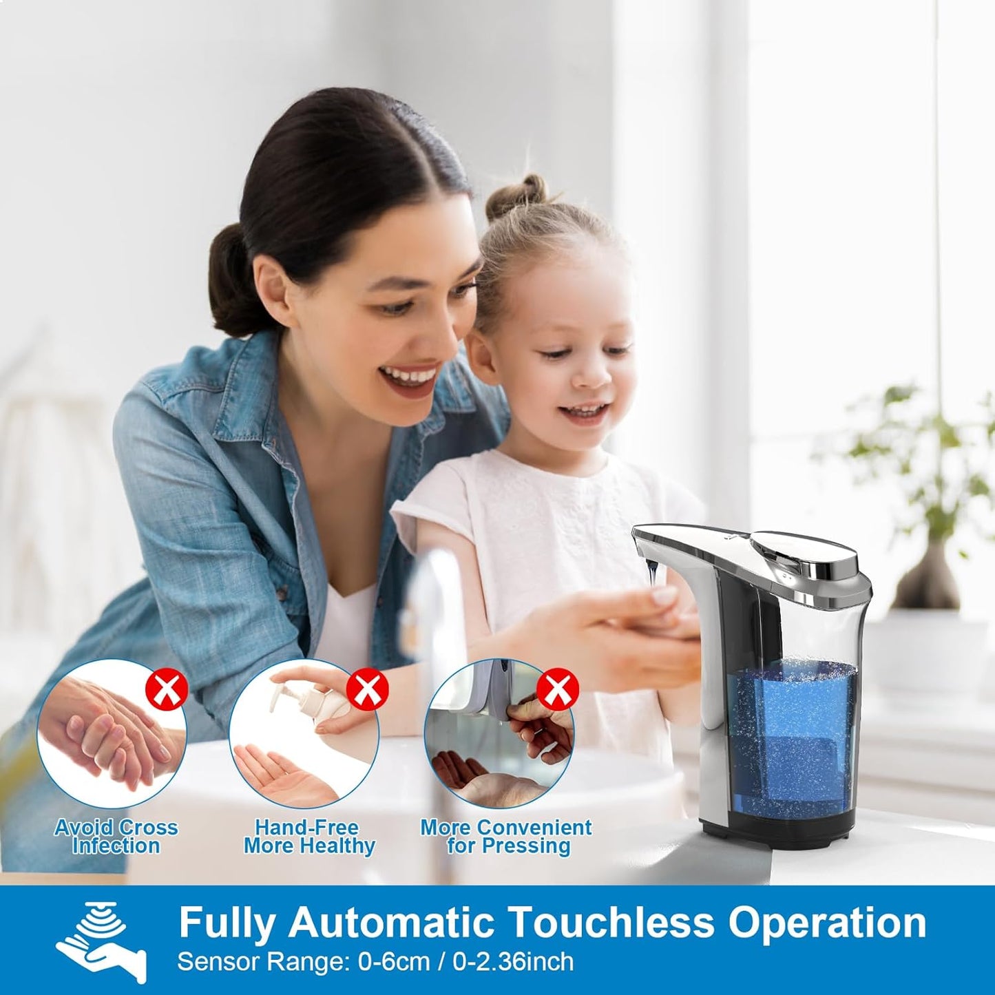 WANALIT Automatic Soap Dispenser Touchless, 17oz/500ml Dish Soap Dispenser with Infrared Sensor, 5 Adjustable Foam Levels, for Kitchen Bathroom Sink Countertop, Silver