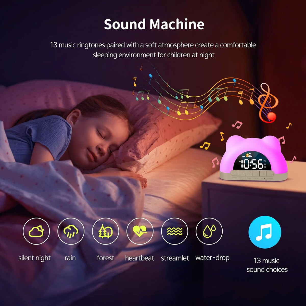 Onekawa Cute Alarm Clock for Kids Digital Alarm Clock for Girls Sleep Training Alarm Clock with 3 Brightness Levels 10 Melodies, Perfect Bedroom Alarm Clock