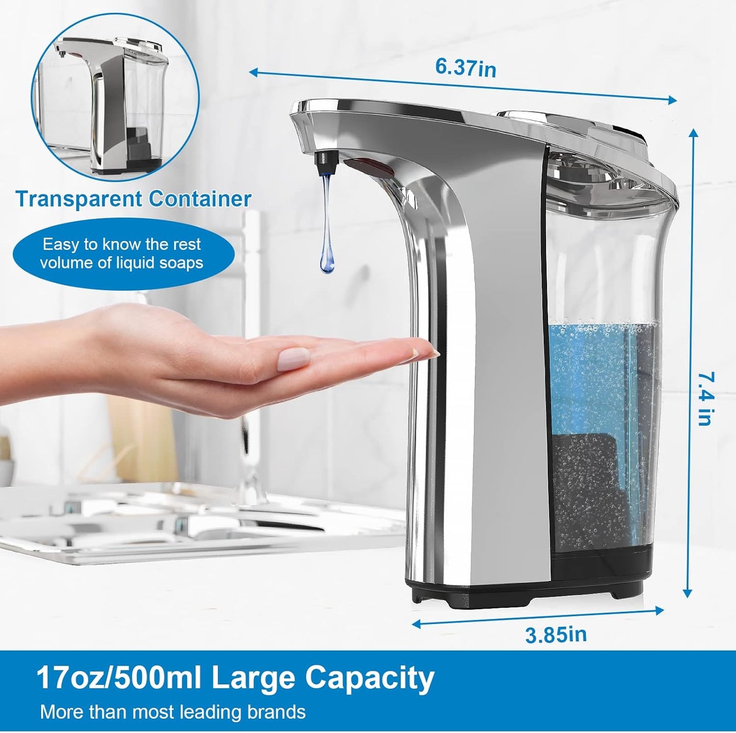 WANALIT Automatic Soap Dispenser Touchless, 17oz/500ml Dish Soap Dispenser with Infrared Sensor, 5 Adjustable Foam Levels, for Kitchen Bathroom Sink Countertop, Silver