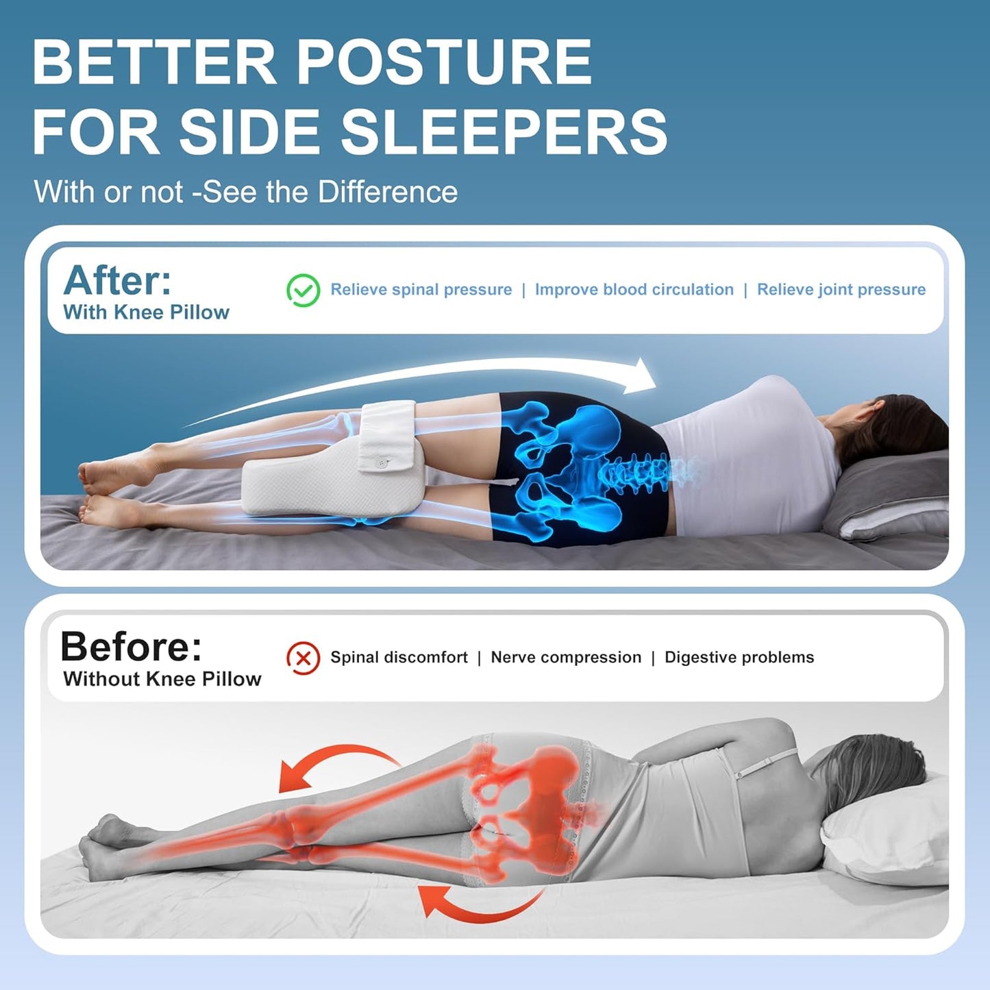 KAIPARA Knee Pillow for Side Sleepers, Memory Foam Knee Support Pillow, Comfortable Leg Pillow for Side Sleeping with Adjustable Strap,Relief for Sciatica, Back, HIPS, Knees, Joints