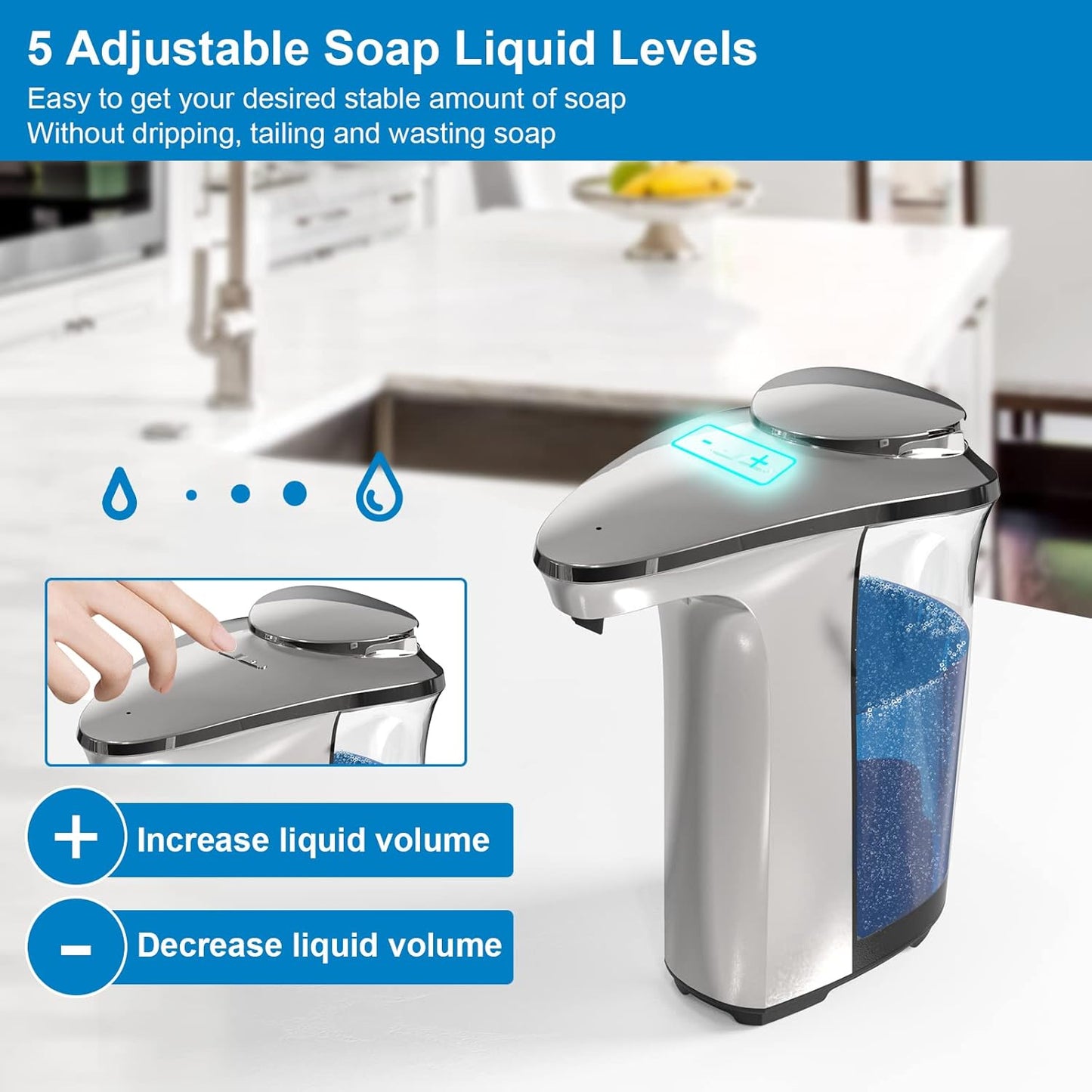 WANALIT Automatic Soap Dispenser Touchless, 17oz/500ml Dish Soap Dispenser with Infrared Sensor, 5 Adjustable Foam Levels, for Kitchen Bathroom Sink Countertop, Silver