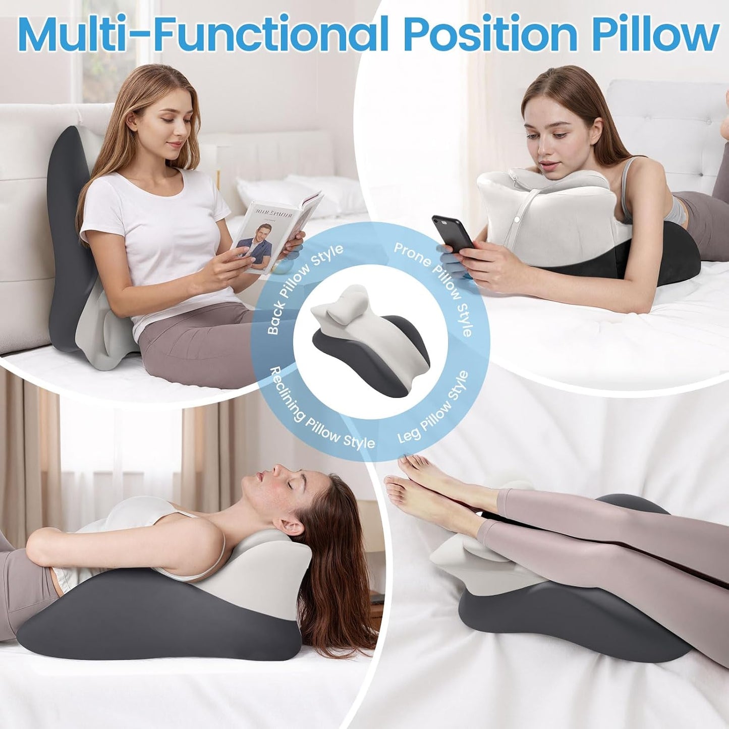 MOONORAH Memory Foam Wedge Pillow for Adults, Multi-Position Support Bed Pillow with Removable Cover for Sleeping Sitting Up Prone Reading Pillow & Knee Support Leg Elevation (Double Gray)