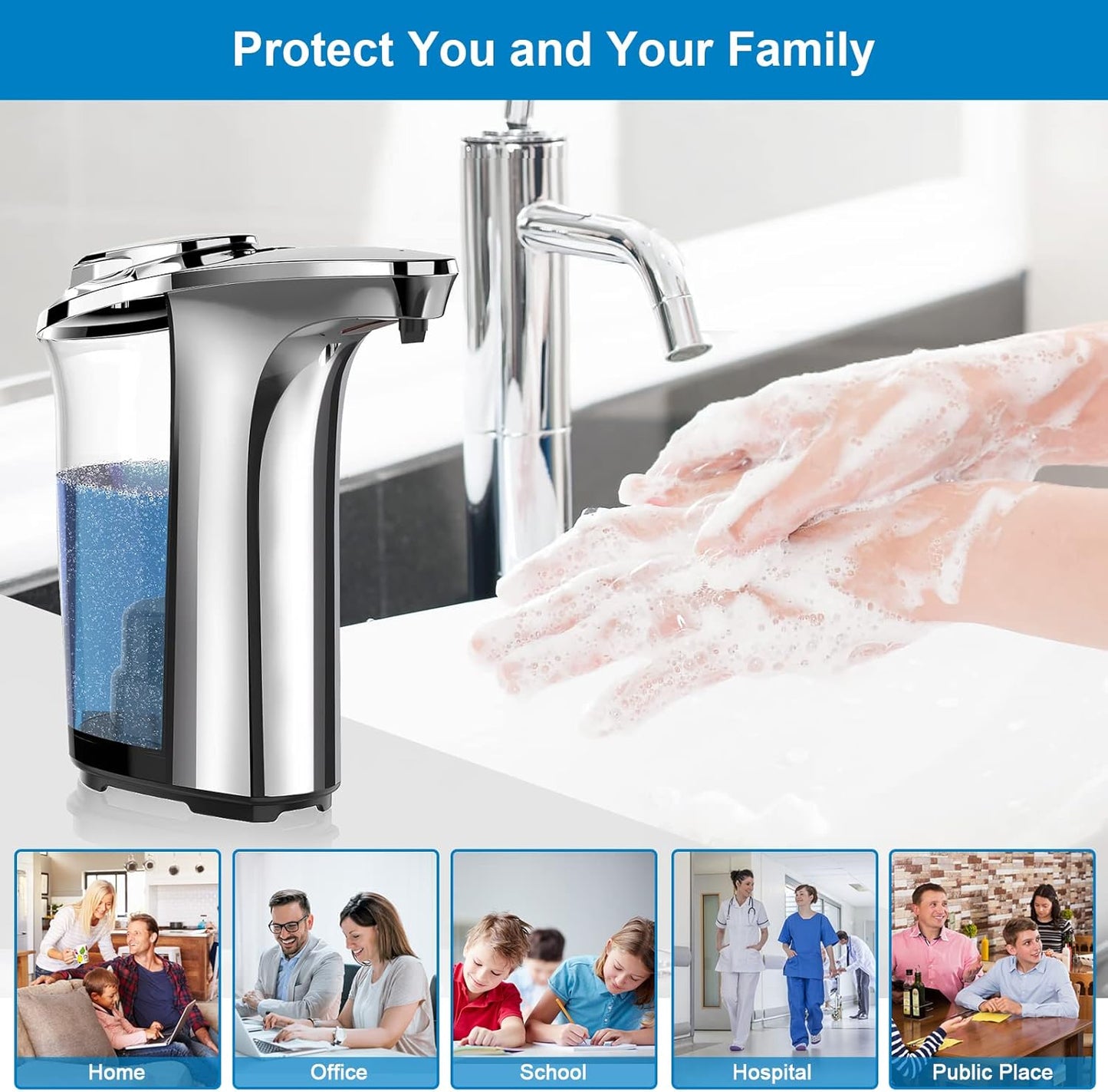 WANALIT Automatic Soap Dispenser Touchless, 17oz/500ml Dish Soap Dispenser with Infrared Sensor, 5 Adjustable Foam Levels, for Kitchen Bathroom Sink Countertop, Silver