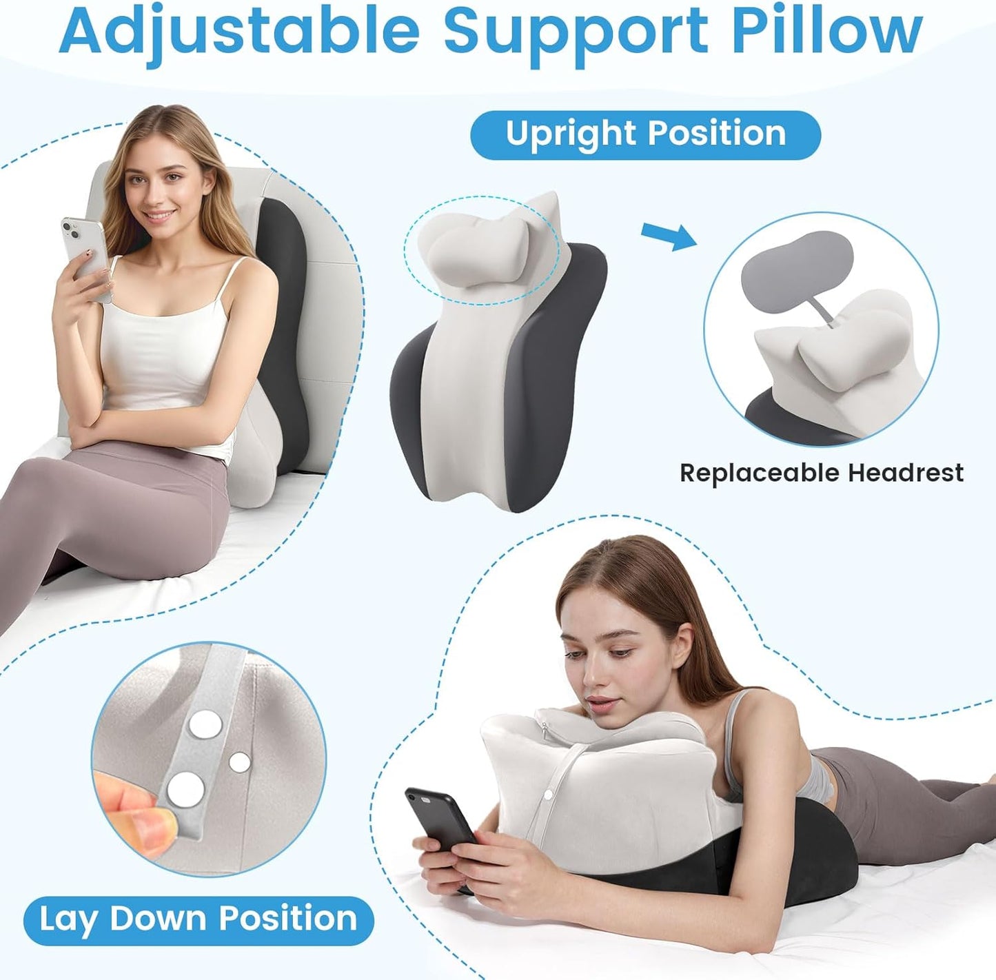 MOONORAH Memory Foam Wedge Pillow for Adults, Multi-Position Support Bed Pillow with Removable Cover for Sleeping Sitting Up Prone Reading Pillow & Knee Support Leg Elevation (Double Gray)