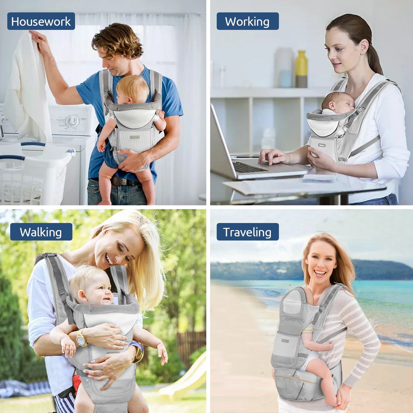 MOONORAH Baby Carrier with Hip Seat, Ergonomic M Position 6 in 1 Baby Wraps Carrier Adjustable Holder Newborn to Toddler with Head Support and Breathable Mesh Gray