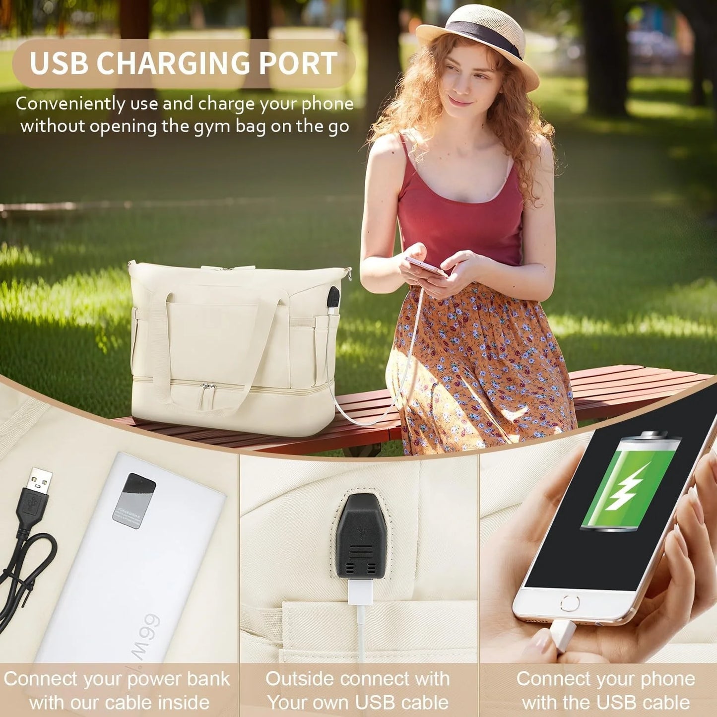 MOONORAH Travel Duffel Bag, Tote Gym Bag, Shoulder Weekender Overnight Bag for Women, Carry Bag with Wet Dry Pocket/Front Phone Pocket/USB Charging Port for Travel, Airline Approved, Beige
