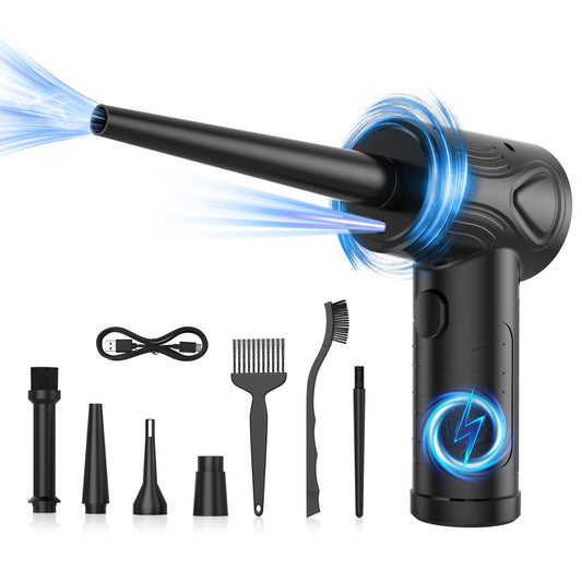 KAIPARA Electric Air Duster 51000RPM - Cordless Rechargeable Air Blower with 6000mAh Battery, 3-Speed Adjustable, LED Light for Keyboard, Car, Electronics - Replaceable Inflatable Nozzle-Black