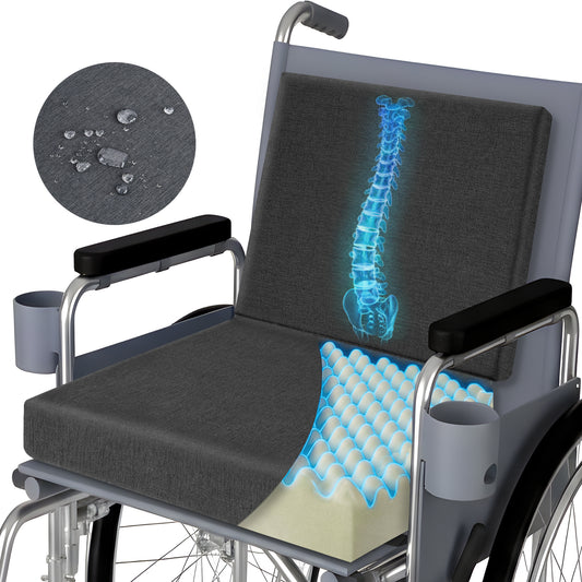 Wheelchair Seat Cushions, WANALIT Washable Waterproof Foam Waffle Cushion Foam Seat Pad for Relieve Sciatica Back Tailbone Pressure Sore & Ulcer Pain with Lumbar Support for Chair-Black