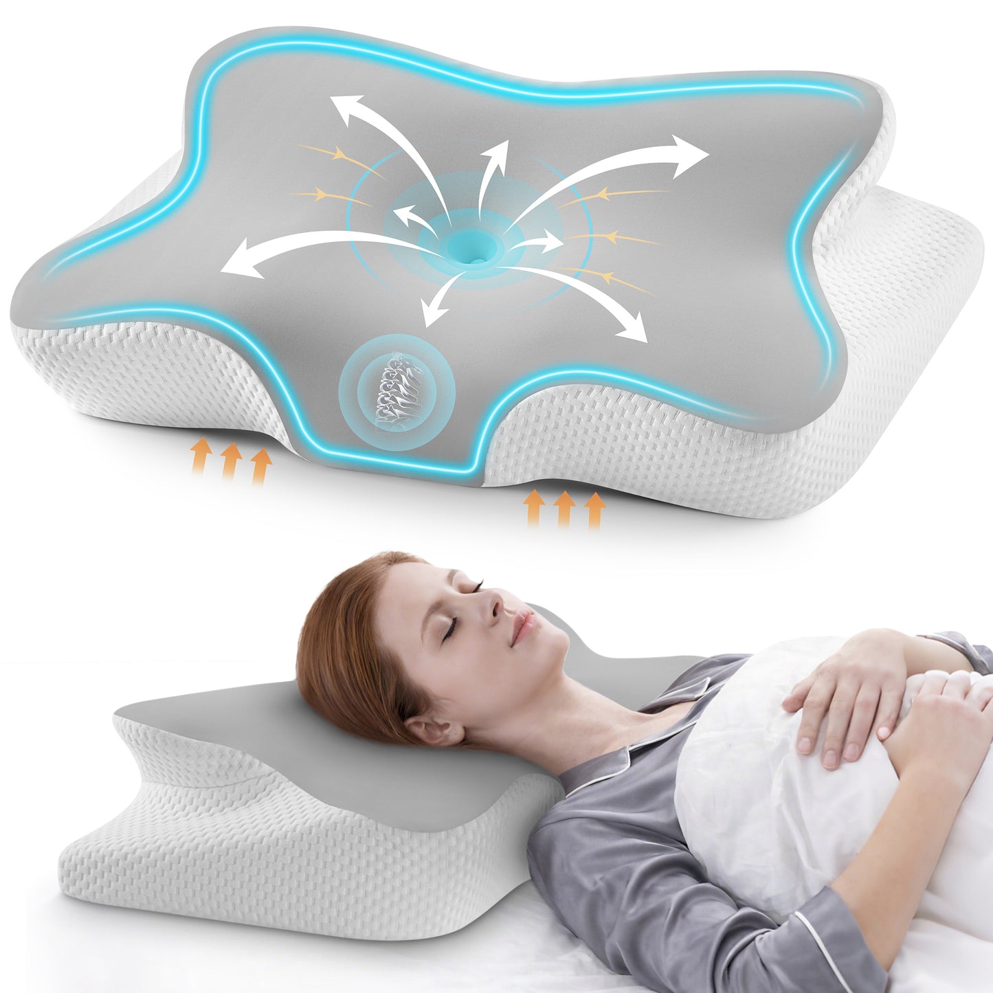 Butterfly Cervical Pillow for Neck Pain Relief, MOONORAH Ergonomic Memory Foam Pillow for Side and Back Sleepers, Orthopedic Contour Support with Cooling Breathable Cover (24.9"L x 14"W)