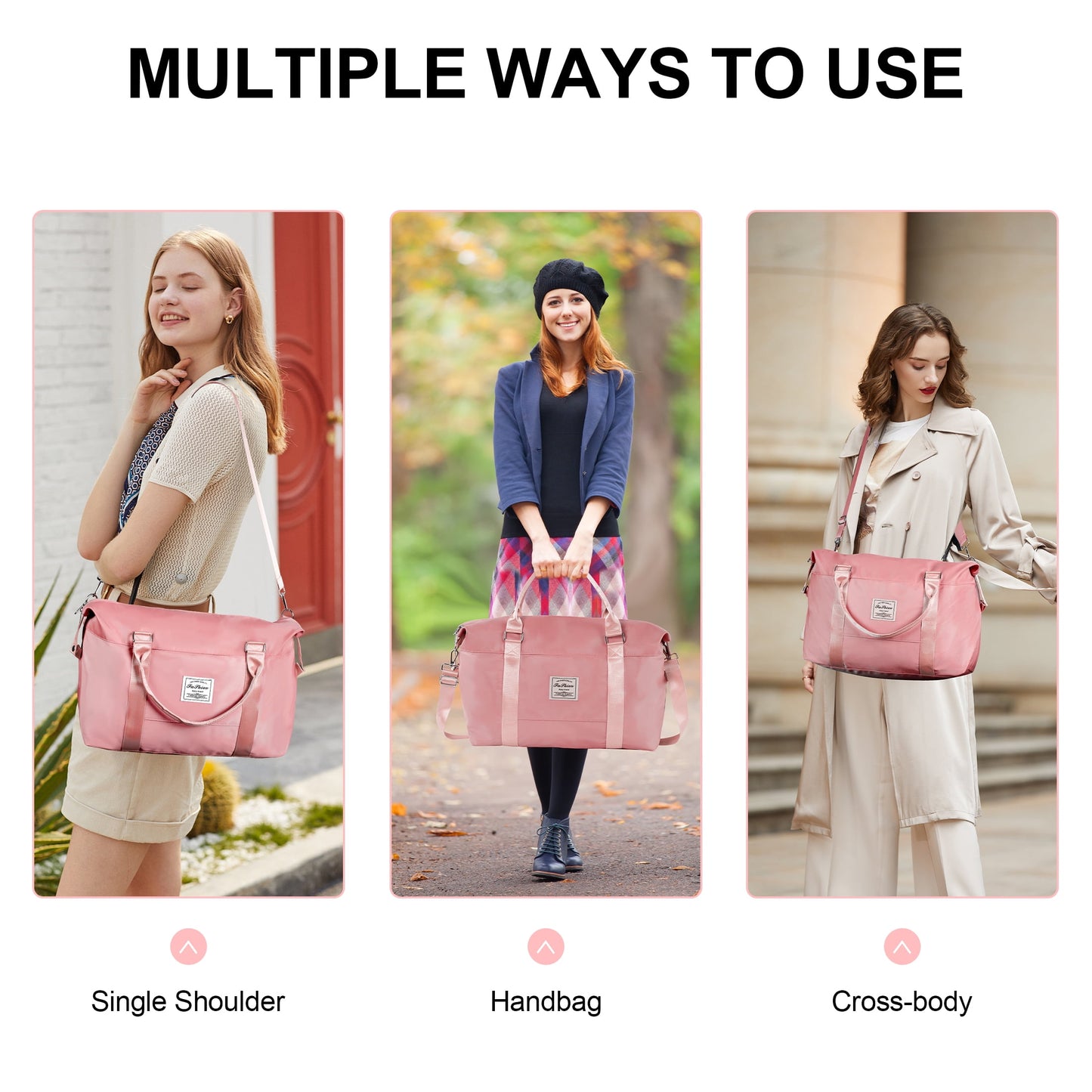 WANALIT Waterproof Duffel Bag for Gym and Travel, Weekender Carry On with Wet Dry Compartment, Luggage Sleeve, Airplane Approved (Pink)