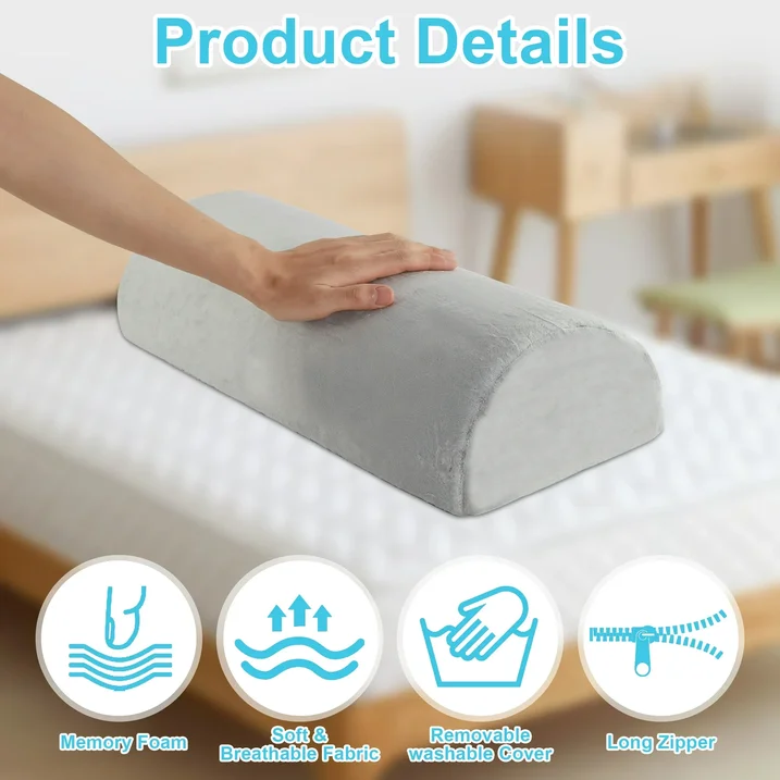 WANALIT Knee Pillow,Comfortable Pure Memory Foam,Half Moon Bolster Pillow for Legs,Knees, Waist, Back, Neck,Machine Washable Cover, Grey