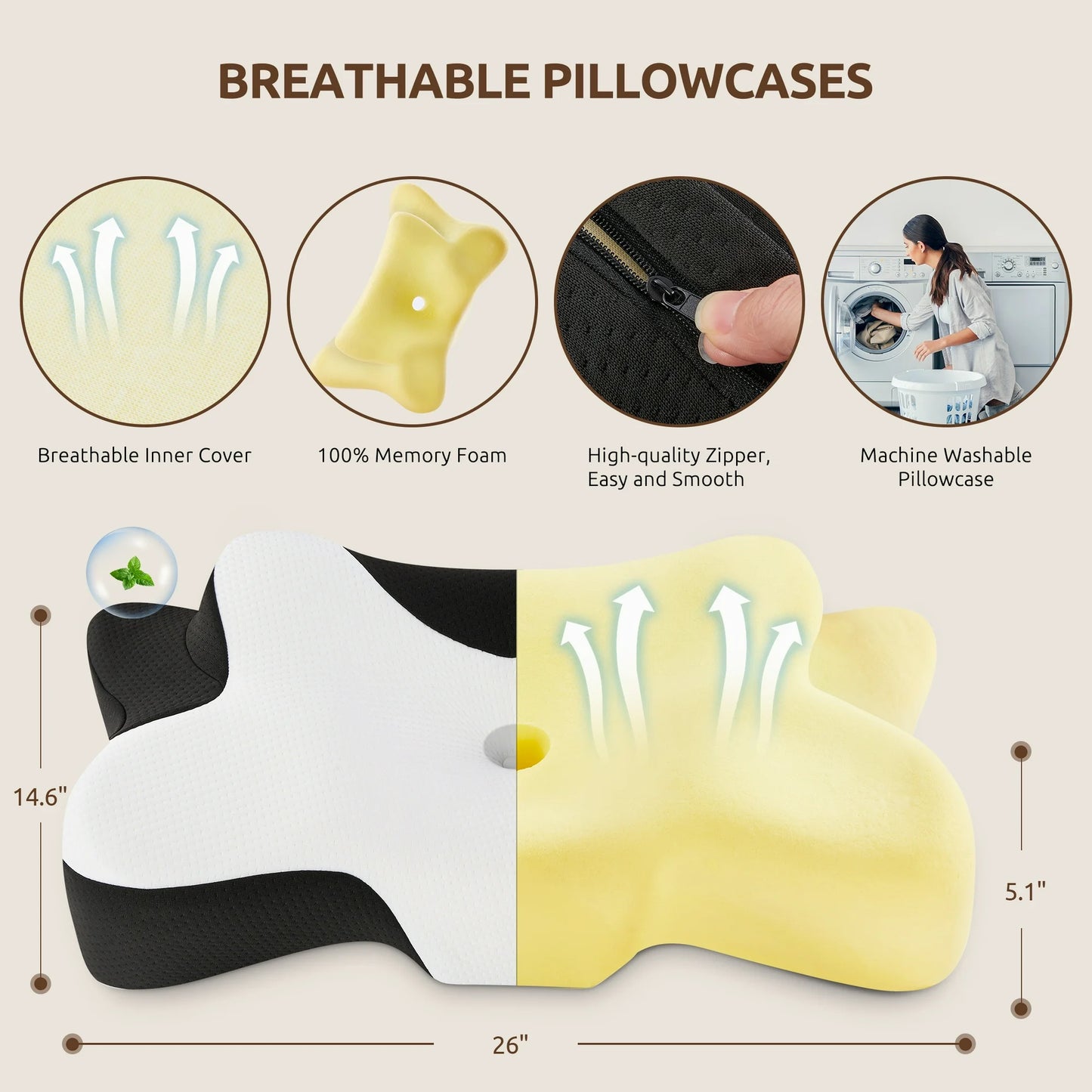 MOONORAH Cervical Pillow for Sleeping Neck Pain Relief with Pillowcase Standard/Queen Blue+Black