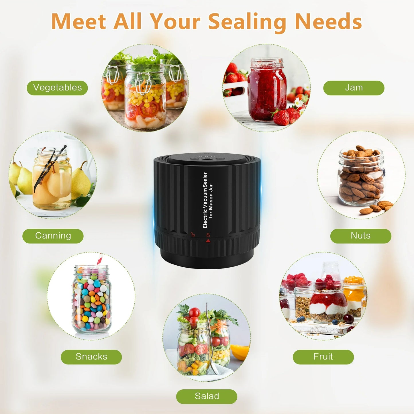 MOONORAH Electric Mason Jar Vacuum Sealer Kit for Wide Mouth and Regular Mouth Mason Jars, with Mouth and Regular Mason Lids, for Food Storage and Fermentation, Black