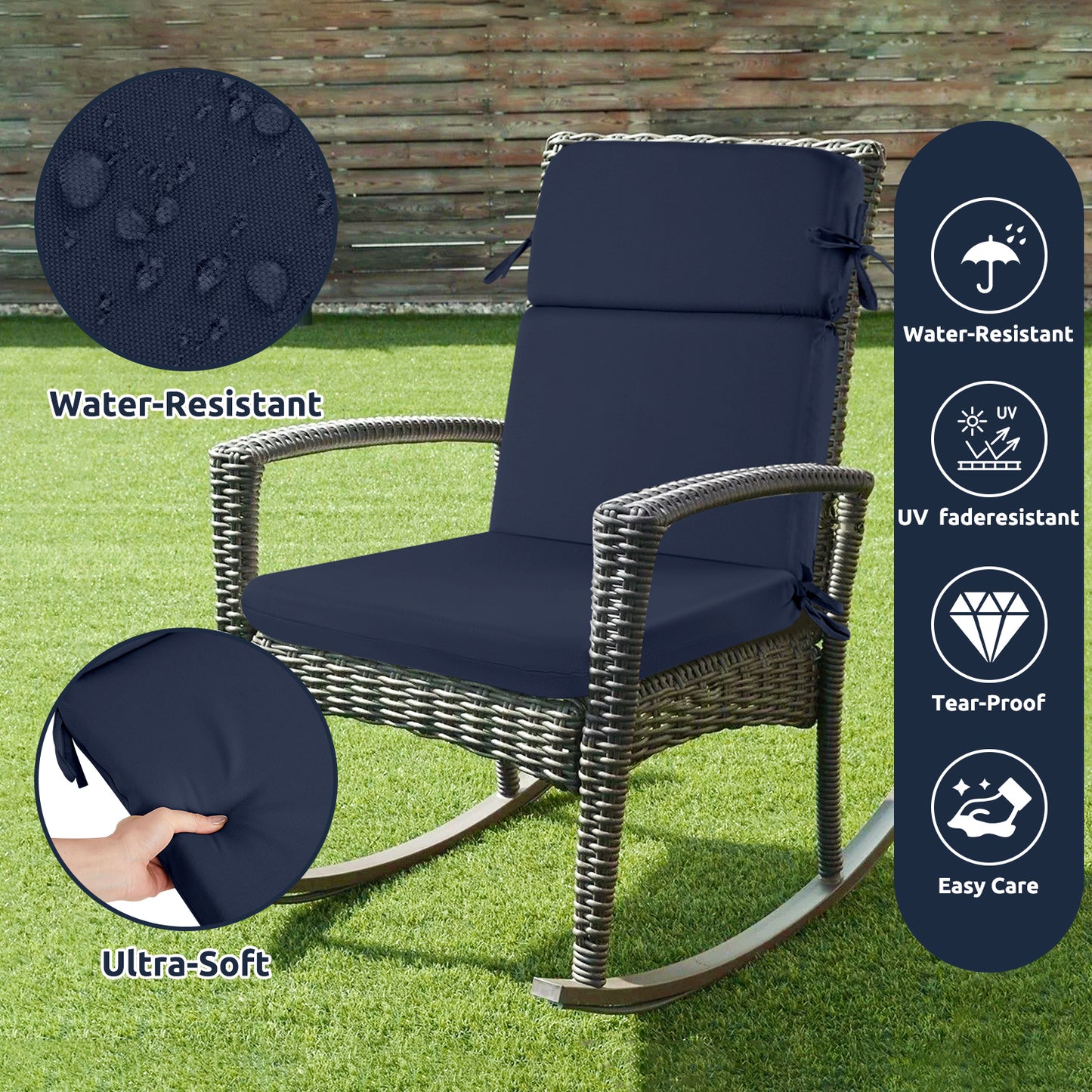 MOONORAH Outdoor Chair Cushions, 44"L x 21.5"W Patio Seat Cushions Outdoor Chair Pads with Ties, Waterproof Outdoor Chair Cushion Garden Sofa Couch Chair Pads, Sofe Comfortable, Blue