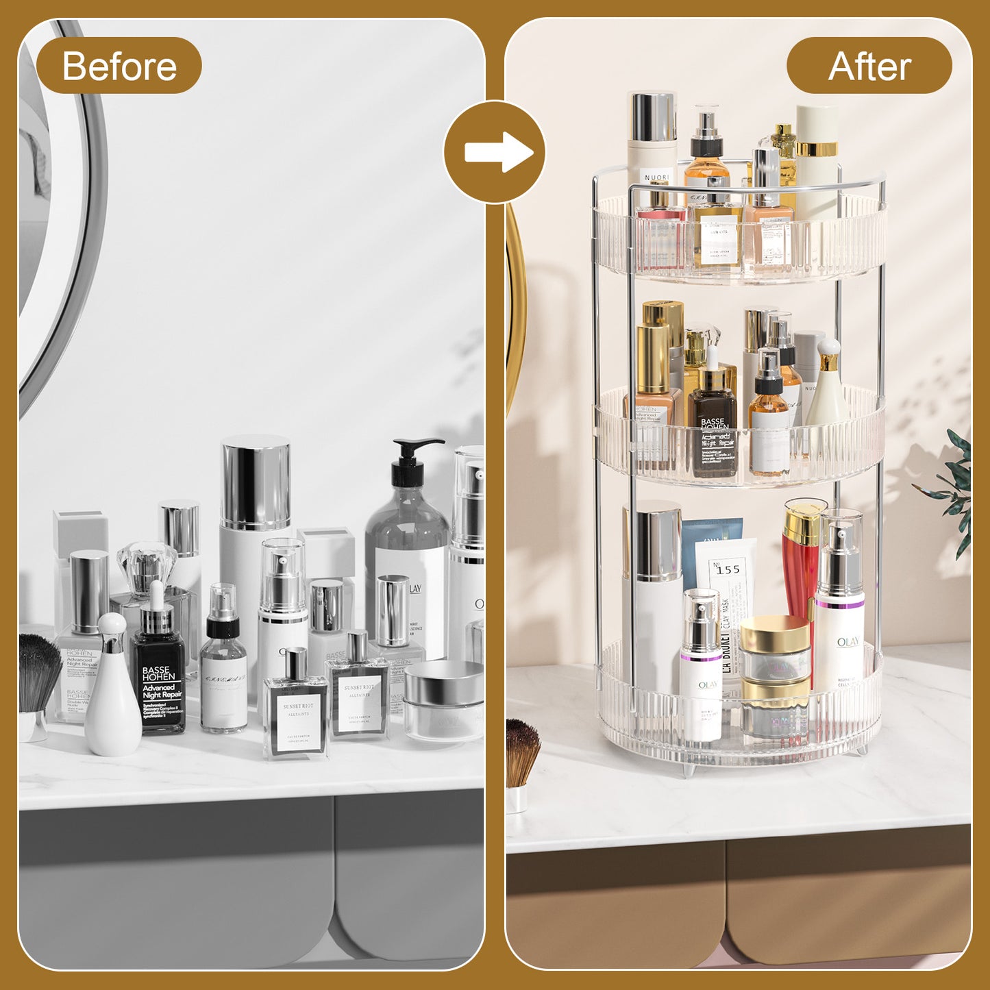 360° Rotating Makeup Organizer, Bathroom Makeup Holder, 3 Tiers Large Capacity Storage Shelf