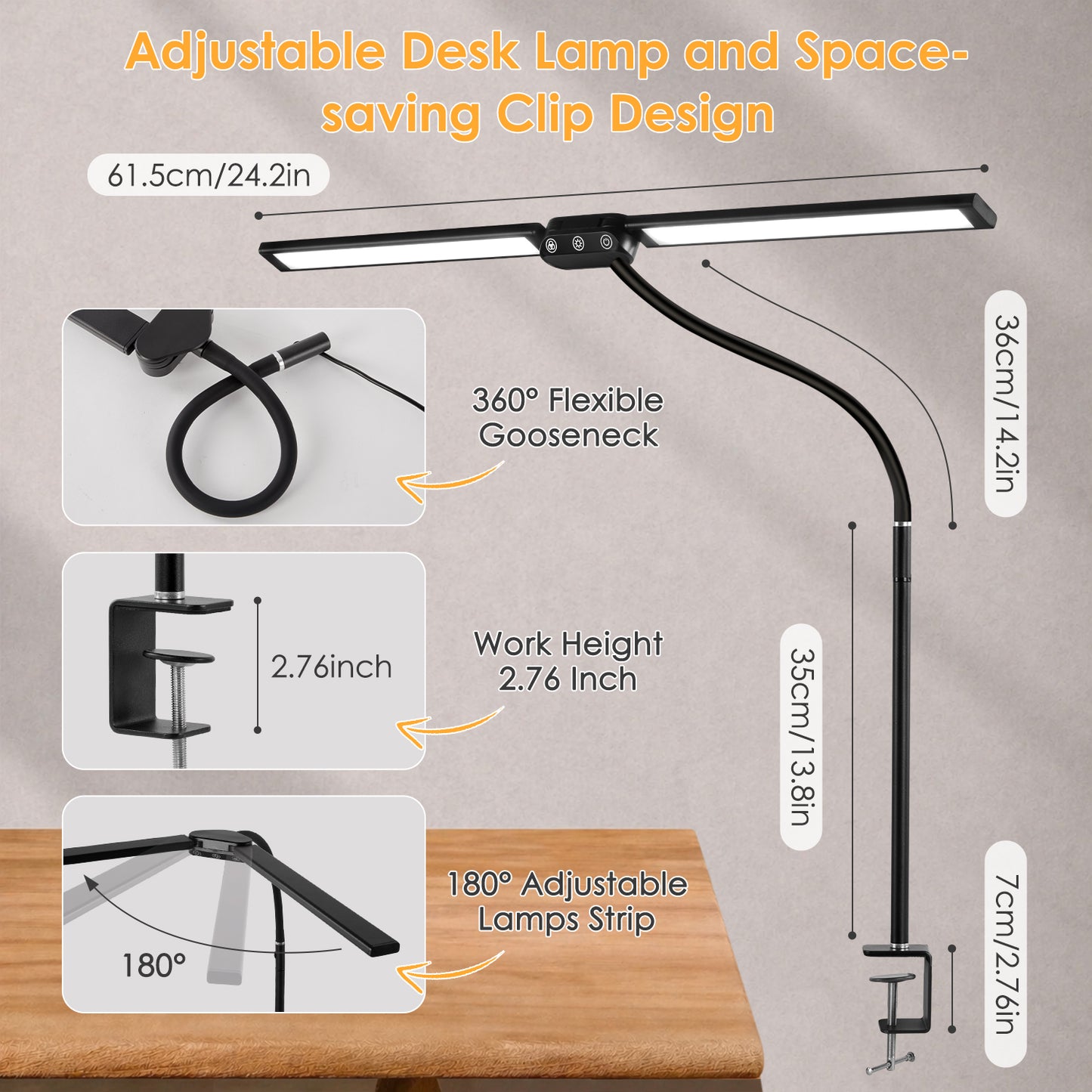 LOFTER-PRO LED Desk Lamps for Home Office, Eye Caring Architect Table Lights with Clamp, 24W Dimmable Overhead Light, Adjustable Flexible Gooseneck, 25 Lighting Models with Remote Control, Black