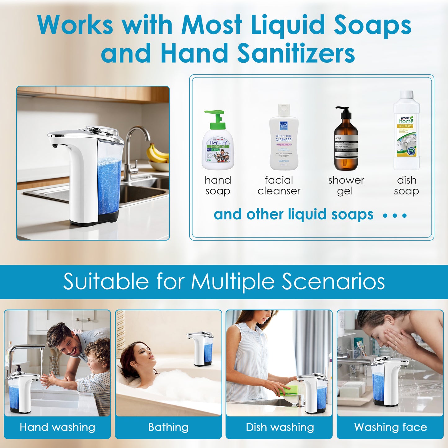 WANALIT Automatic Soap Dispenser Touchless, 17oz/500ml Dish Soap Dispenser with Infrared Sensor, 5 Adjustable Foam Levels, for Kitchen Bathroom Sink Countertop, Silver-White