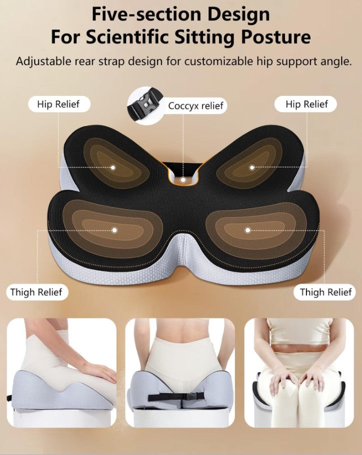 WANALIT Seat Cushion, Breathable Butterfly Memory Foam Coccyx Cushion, Adjustable Back Strap, Tailbone & Sciatica Pain Relief Pad for Long Sitting - Car, Desk, Wheelchair（Black）