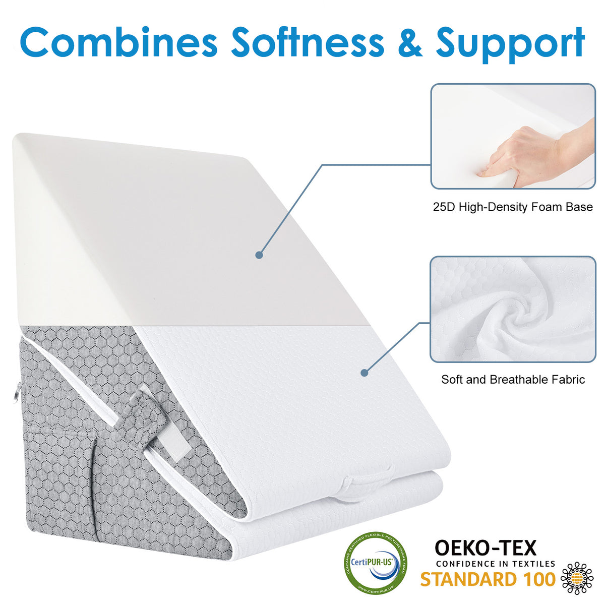 Wedge Pillow for Sleep Apnea, Adjustable Wedge Pillow Headboard, WANALIT Bed Wedge Pillow for Acid Reflux and Back Pain Relief, Pillow Wedge for Sleeping with Neck Support Pillow, White & Grey