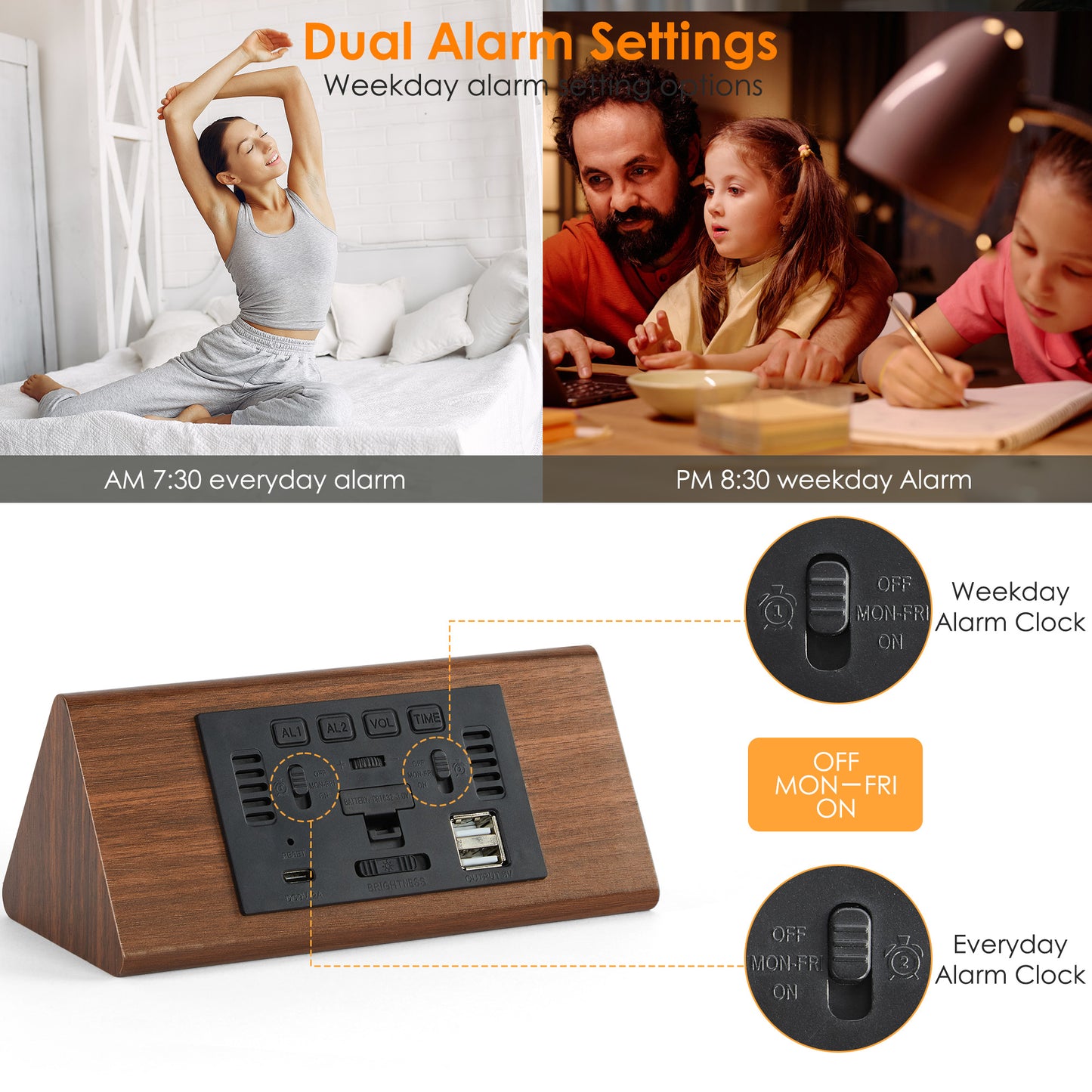Onekawa Alarm Clock for Bedroom, Wooden Digital Alarm Clocks with Large Big Numbers,Super Loud Alarm Clocks for Heavy Sleepers with USB Charging Port