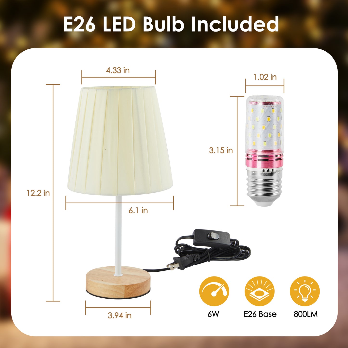 LAFAYTTE Fabric Wooden Table Lamp Bedside Nightstand Lamp Simple LED Desk Lamp for Home Bedroom Living Room Office Study