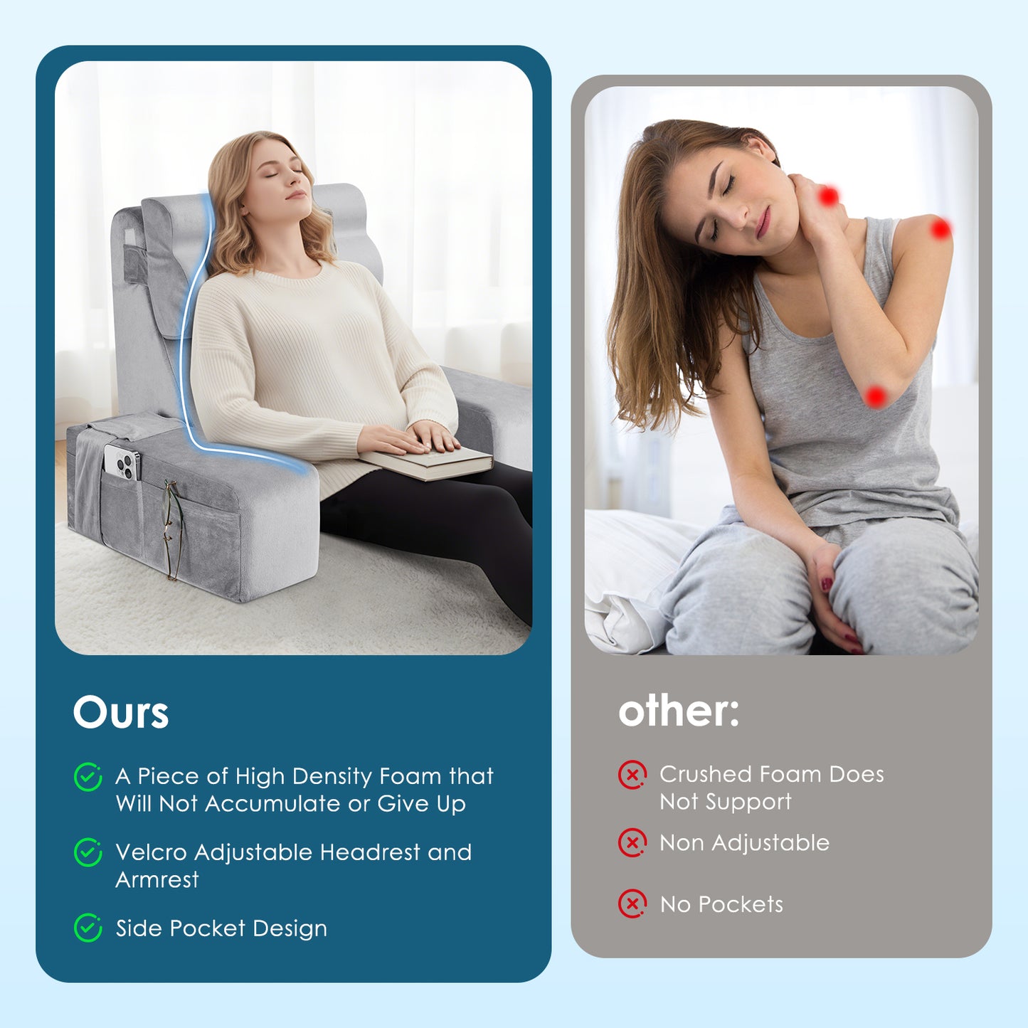 MOONORAH Reading Pillow for Sitting in Bed Adult,Backrest Pillow with Arms,Bed Chair Pillow with Big Pockets for Reading/Gaming/Resting/Watching TV,Medium 19" Grey