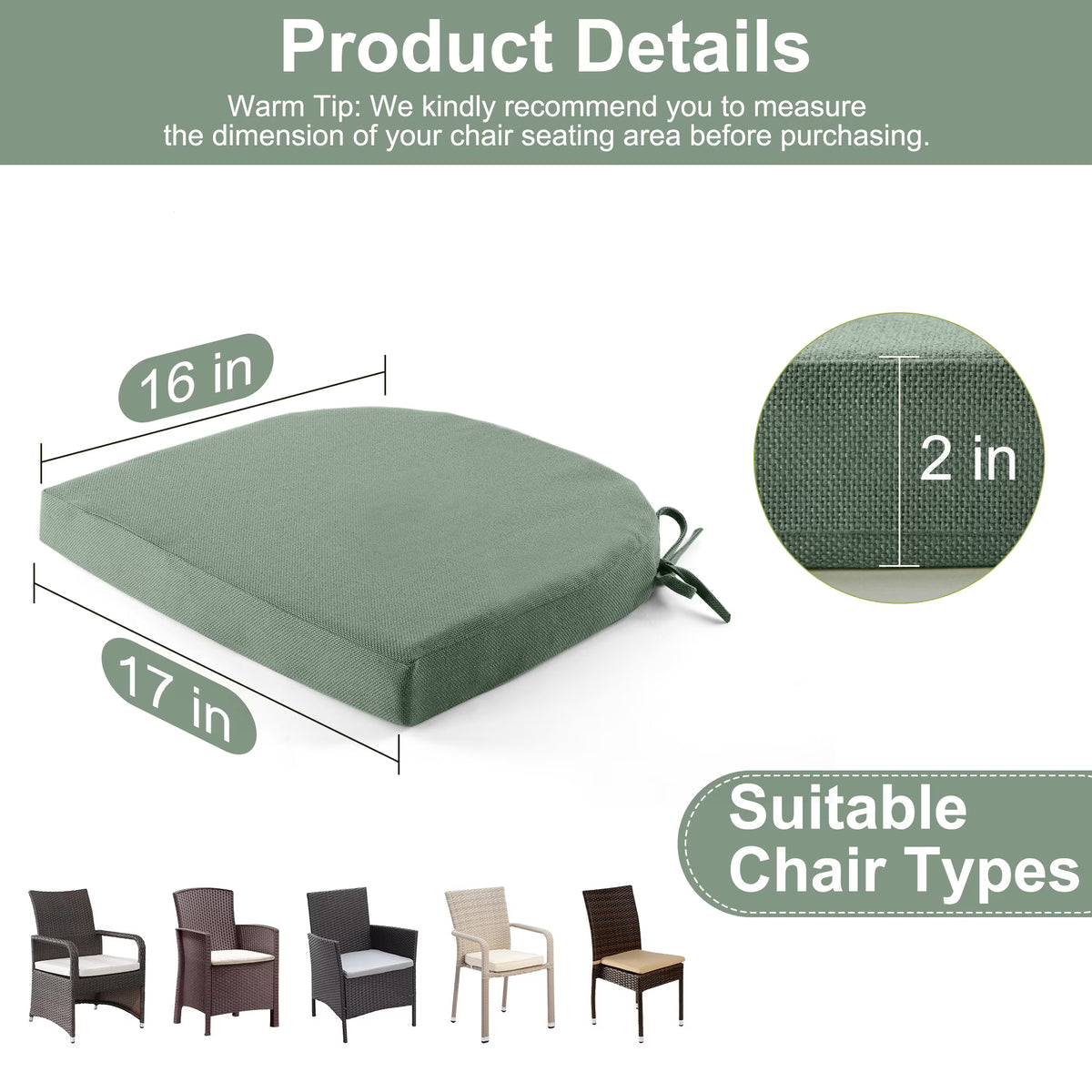 Panpaddle Dining Chair Cushions - Waterproof with Ties - 4 Pack, Green