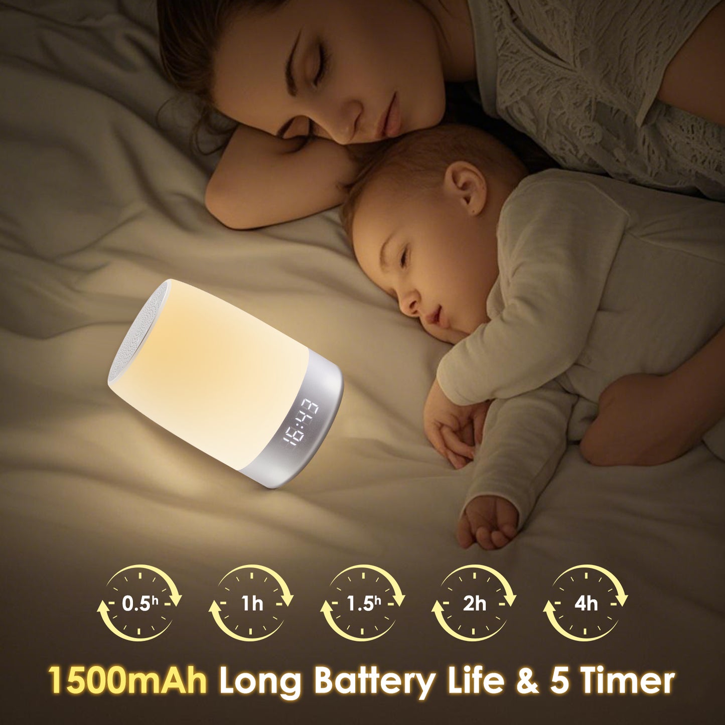 LOFTER-PRO Night Light, Dimmable Touch Lamp for Bedroom, Portable Table Bedside Lamp with Alarm Clock, 8 RGB Colors Changeable & Stepless Dimming, 4 Timers, White
