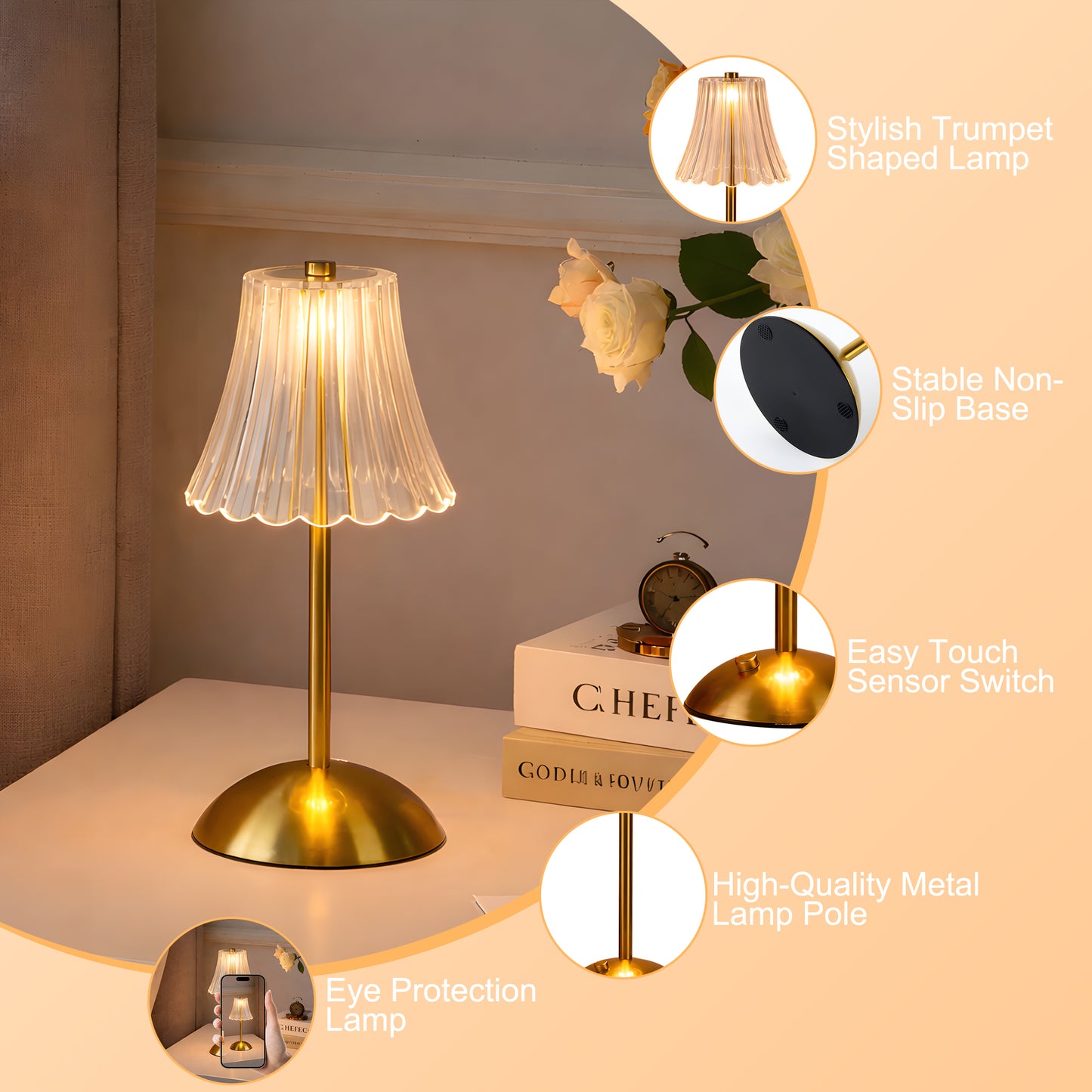 LOFTER-PRO Bedside Table Lamp, Cordless Dimmable LED Crystal Touch Lamp, Battery Operated Nightstand Light for Bedroom, Living Room, Hotel, Bar