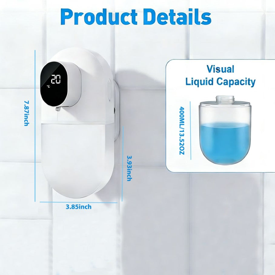WANALIT Automatic Foaming Soap Dispenser, Touchless Smart Sensor with Display (Temp/Battery), 3 Adjustable Foam Levels, 13.52oz Rechargeable, Wall Mount for Kitchen Bathroom Dish Soap, White
