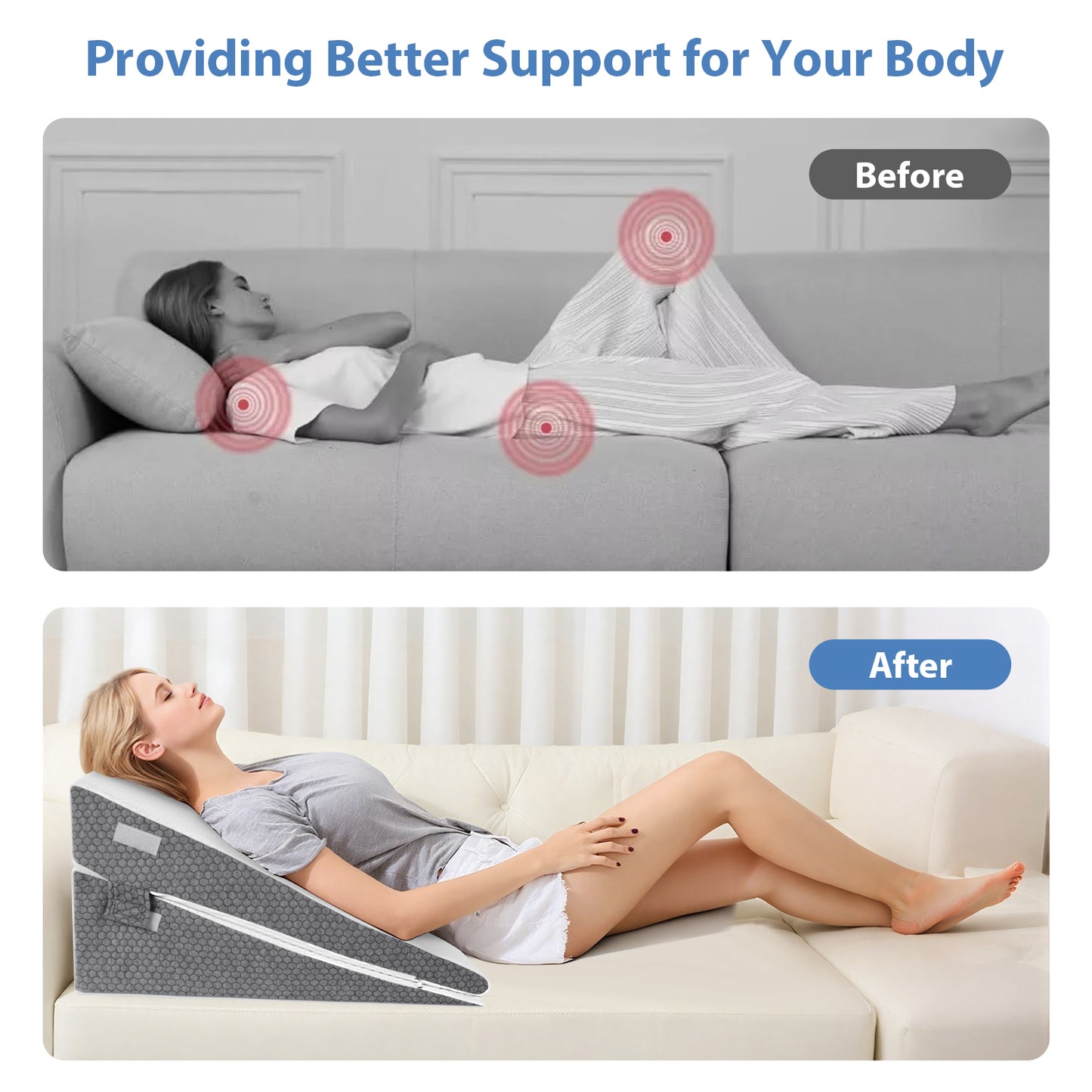 KAIPARA Cooling Wedge Pillow Set, 3-Piece Adjustable Memory Foam Bed Wedge Pillow for Sleeping - Acid Reflux, Snoring, Neck Pain and Back Pain, White and Grey