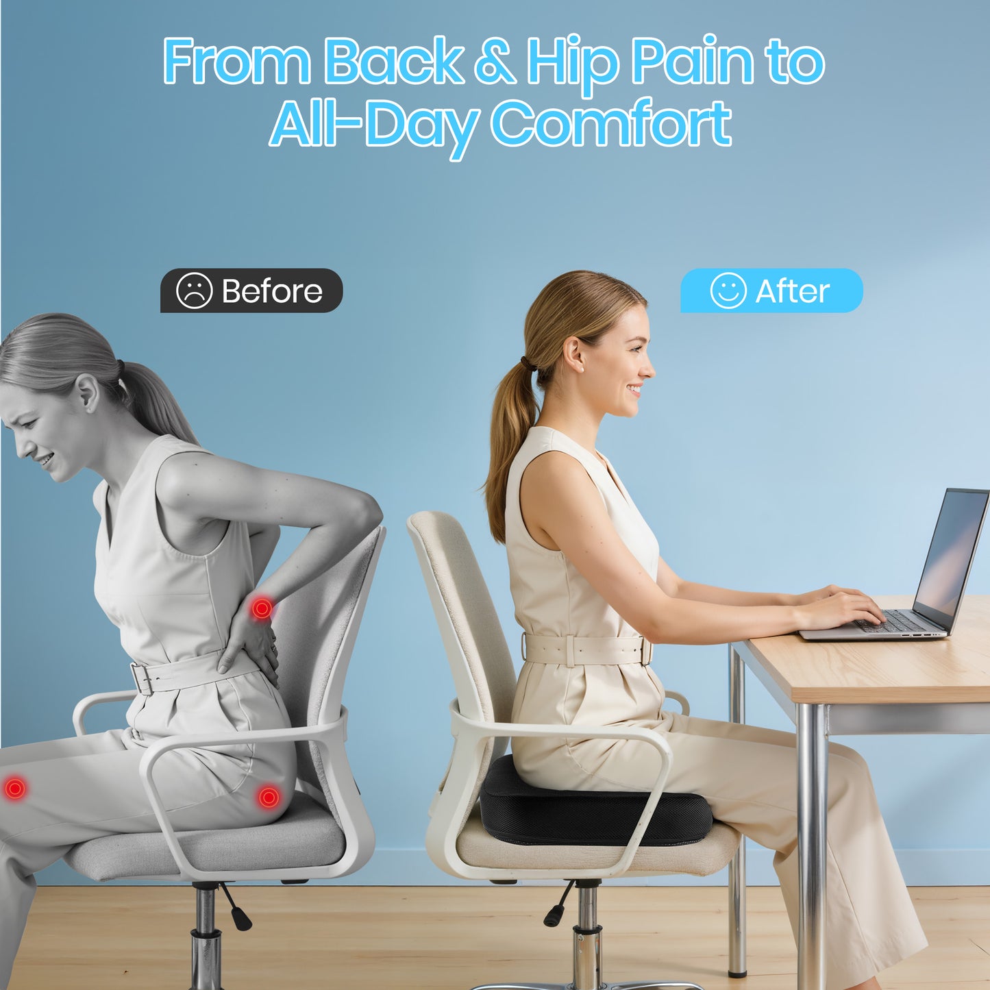 KAIPARA Large Memory Foam Seat Cushion for Office Chairs, Car Seat, Wheelchair, Chair Cushions for Tailbone Pain Relief, Sciatica & Back Support Pillow