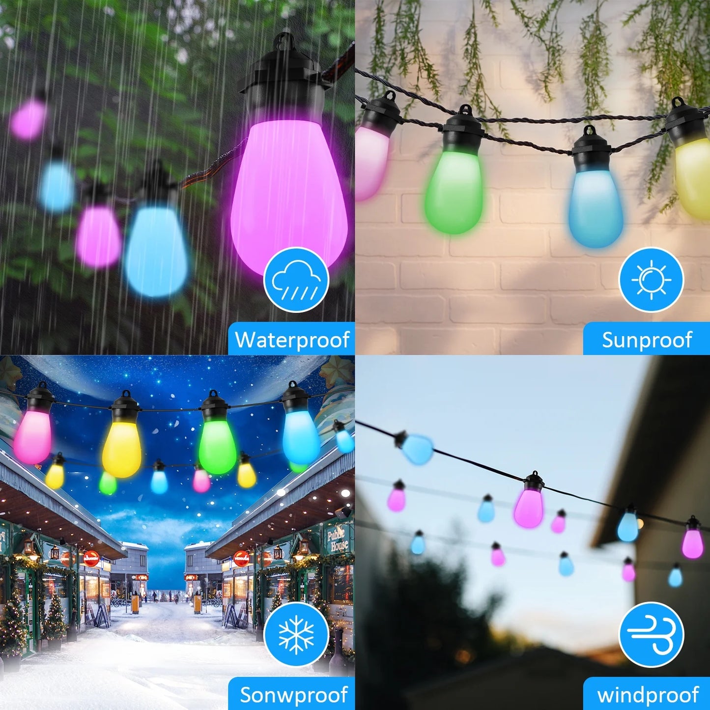 LOFTER-PRO Outdoor String Lights, LED Lights for Bedroom, 39Ft 20 Bulbs Smart Dimmable RGB String Lights Fairy Lights Christmas Lights for Halloween Decorations, Patio Lights, APP Control, Waterproof
