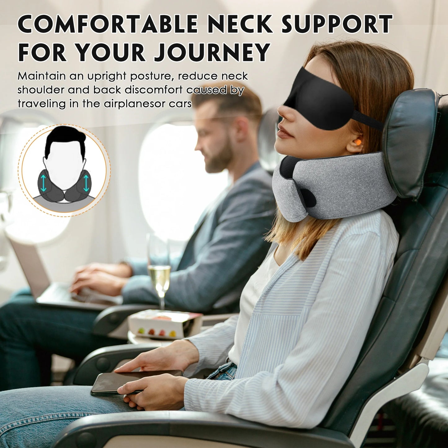 MOONORAH Travel Pillows for Airplanes, Travel Neck Pillow Travel Pillow, 360° Support Memory Foam Travel Pillow with 3D Contoured Eye Mask, Earplugs and Storage Bag for Airplanes Offices, Cars, Gray