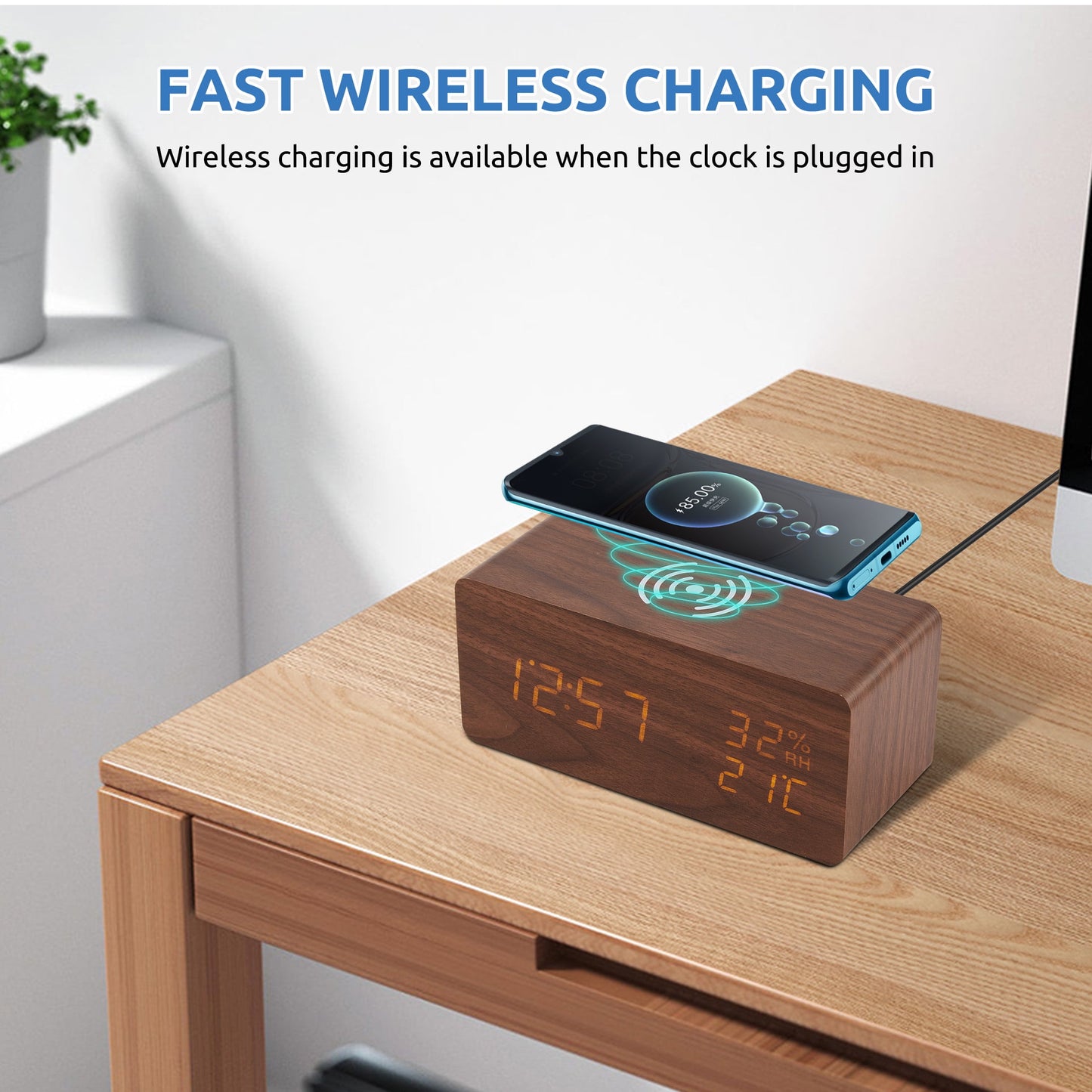 Onekawa Wooden Digital Alarm Clock with Wireless Charging Stylish LED Display for Bedrooms Adjustable Brightness and Voice Control Alarm Clock Perfect for Desks-Brown