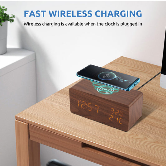 Onekawa Wooden Digital Alarm Clock with Wireless Charging Stylish LED Display for Bedrooms Adjustable Brightness and Voice Control Alarm Clock Perfect for Desks-Brown