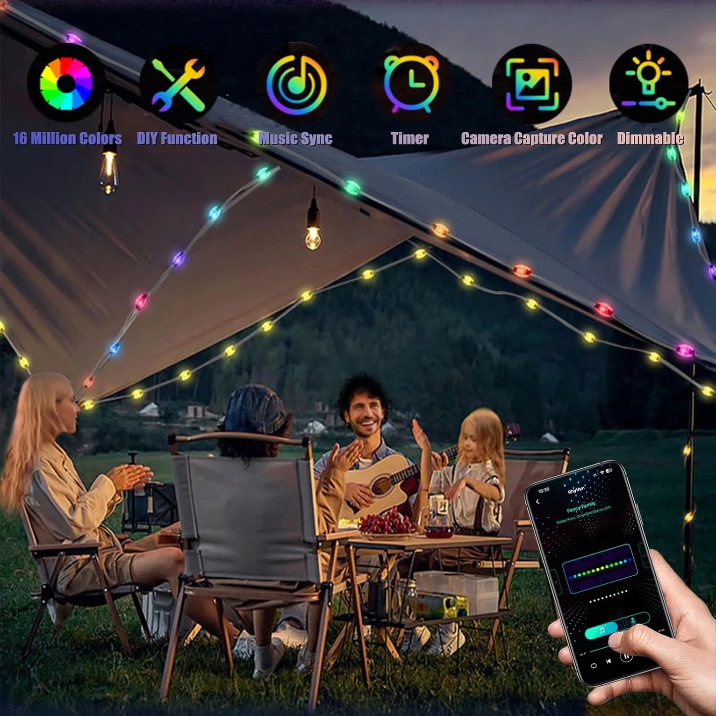 LOFTER-PRO Camping String Lights, 30s Quick Storage Rechargeable Tent Lights 9 Lighting Modes, Hanging Waterproof LED Fairy Lamps for Room Garden Yard Porch Wedding Party Decor, Solar USB Charge