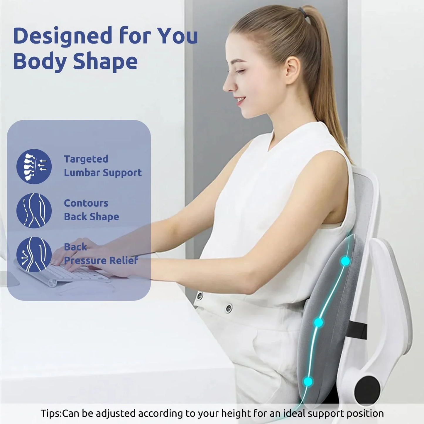 D O N A M A Ergonomic Lumbar Pillow for Back Support - High-Density Memory Foam Cushion for Pain Relief - Lumbar Support Cushion w/Strap for Office Chair, Car, Home, and Travel
