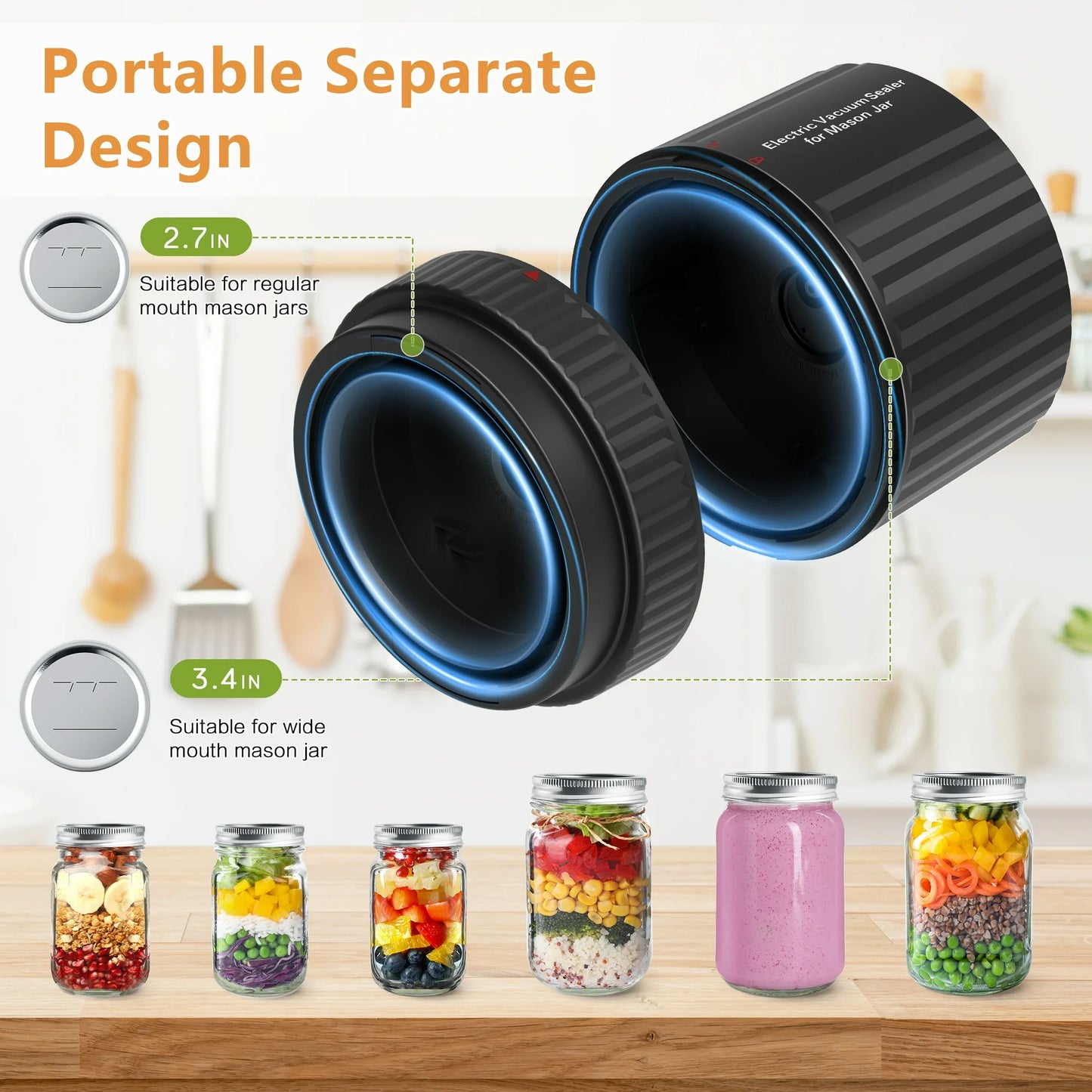 MOONORAH Electric Mason Jar Vacuum Sealer Kit for Wide Mouth and Regular Mouth Mason Jars, with Mouth and Regular Mason Lids, for Food Storage and Fermentation, Black